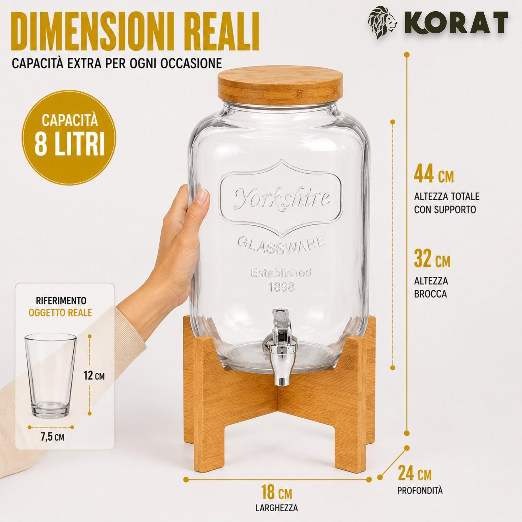 KORAT - Dispenser Bevande in Vetro con Rubinetto e Supporto in Bambù, Contenitore per Acqua, Limonata, Cocktail e Succhi, Tappo Ermetico, 8 LT - 18x24x44 Cm