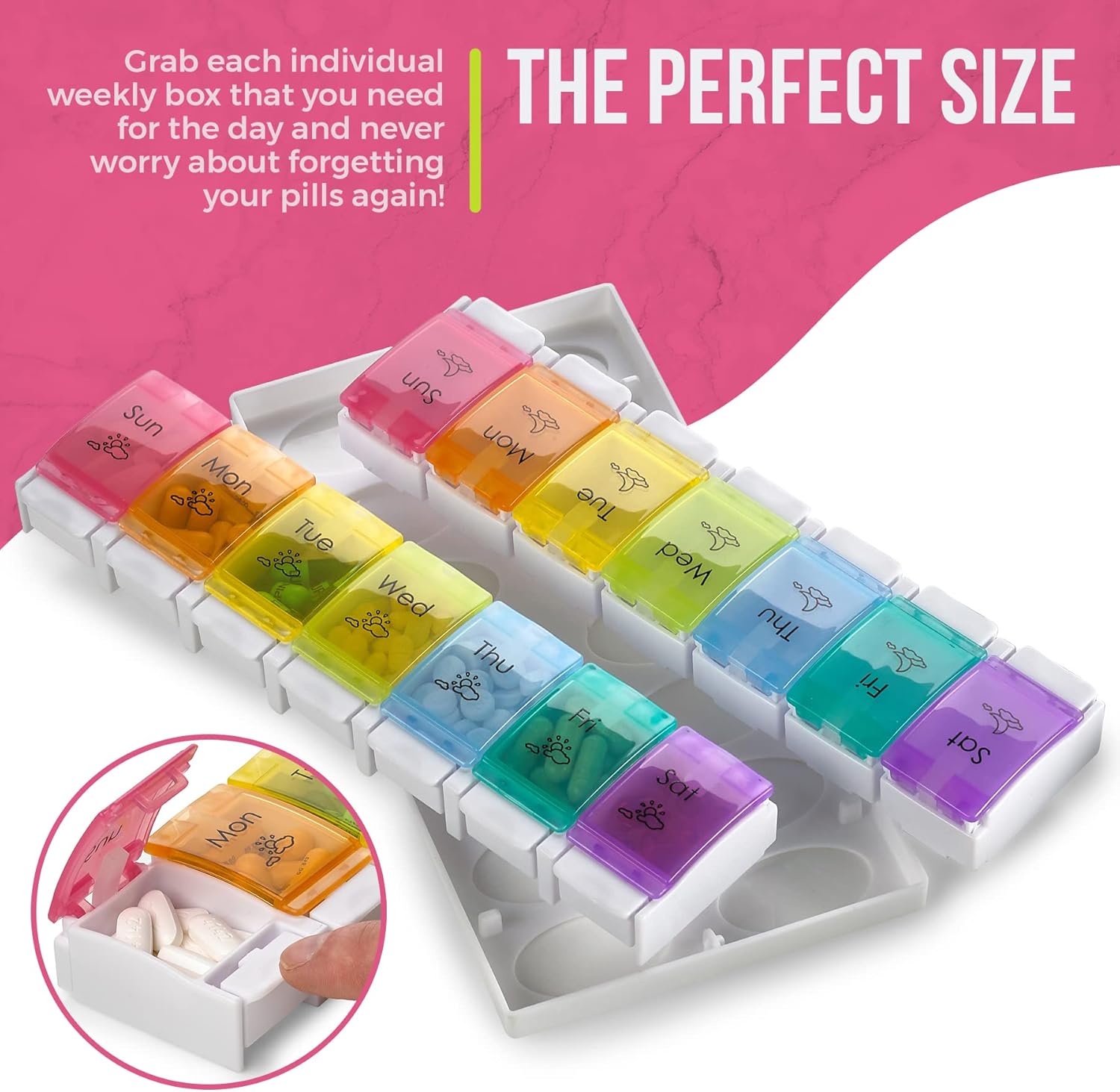 Review 7 Day Pill Organizers - (Pack of 2) Easy Push Button Assisted Open, AM PM Daily Travel Pill Box Case Planner and Large Compartments for Medication Vitamins Fish Oil & Supplements, BPA Free