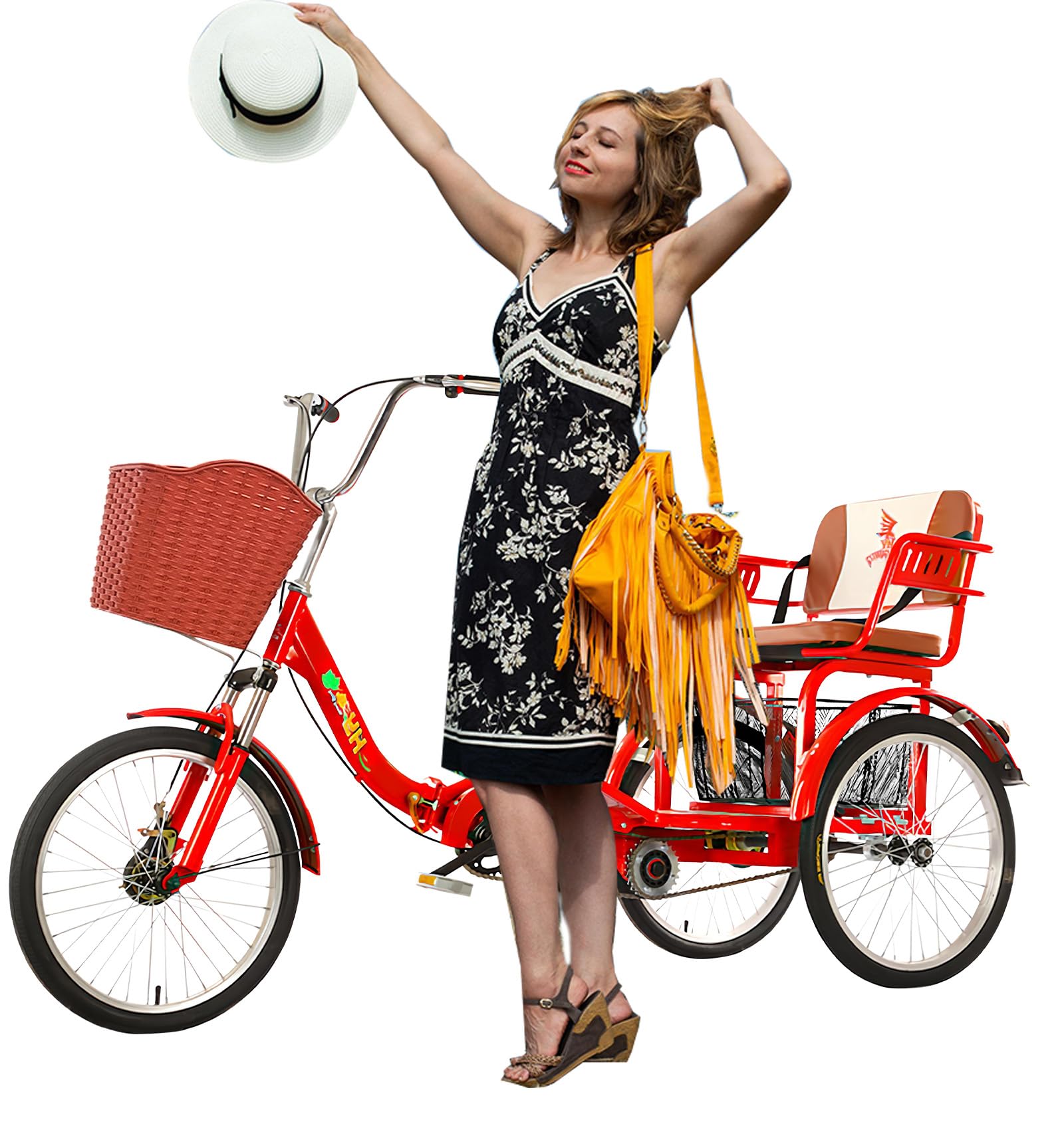 DONGSHAN Adult Tricycle 20 Inch 3 Wheel Bikes Folding Tricycle for Adults for Women/Men/Seniors, Fork Shock Absorption Wheel Bike W/Front&Rear Basket for Shopping (red)