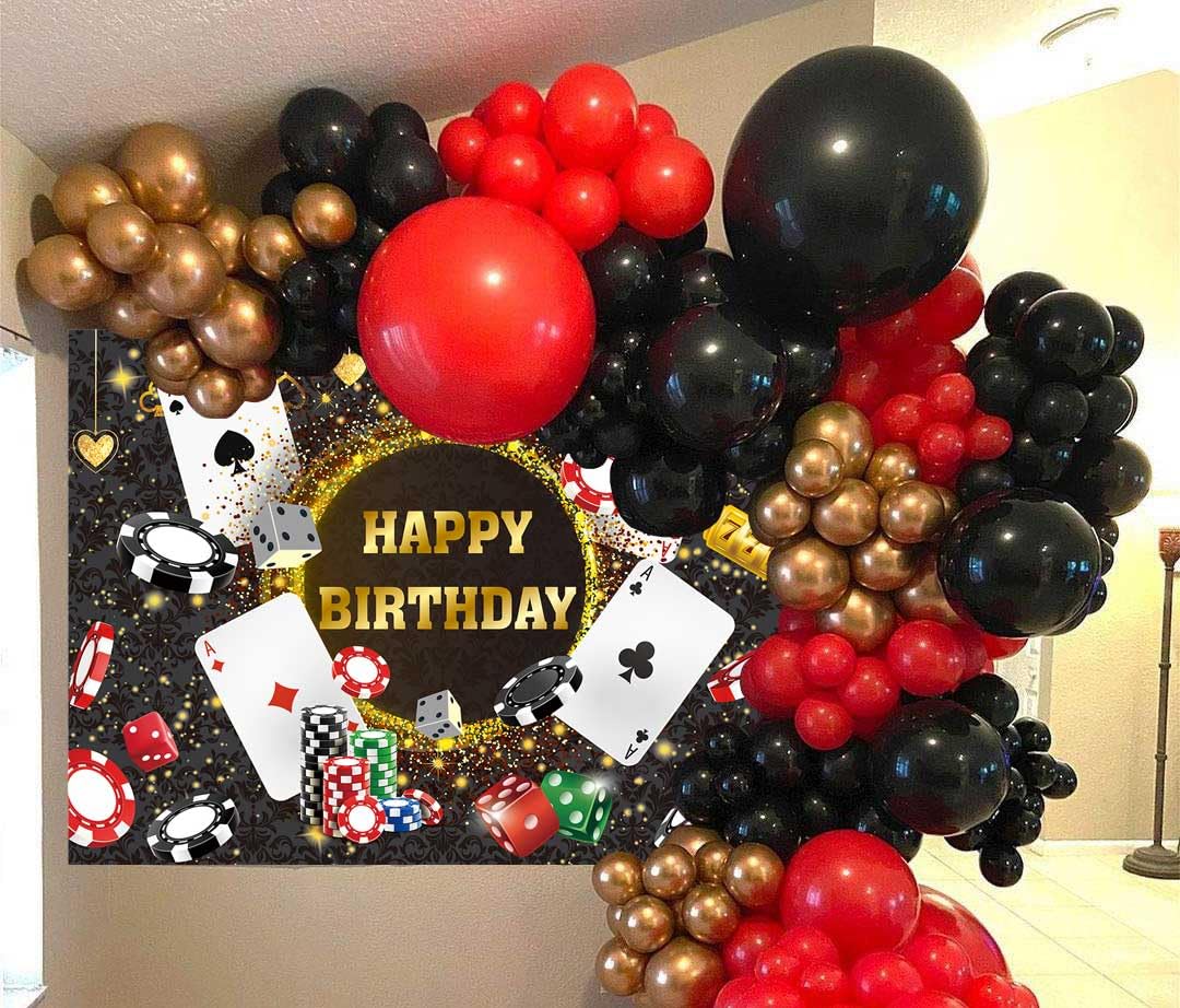 Amazon.com : Casino Birthday Backdrop Las Vegas Casino Night Party Background for Casino Theme Poker Dice Gold Glitter Happy Birthday Party Decorations Banner (7X5FT(82x59inch)) : Electronics