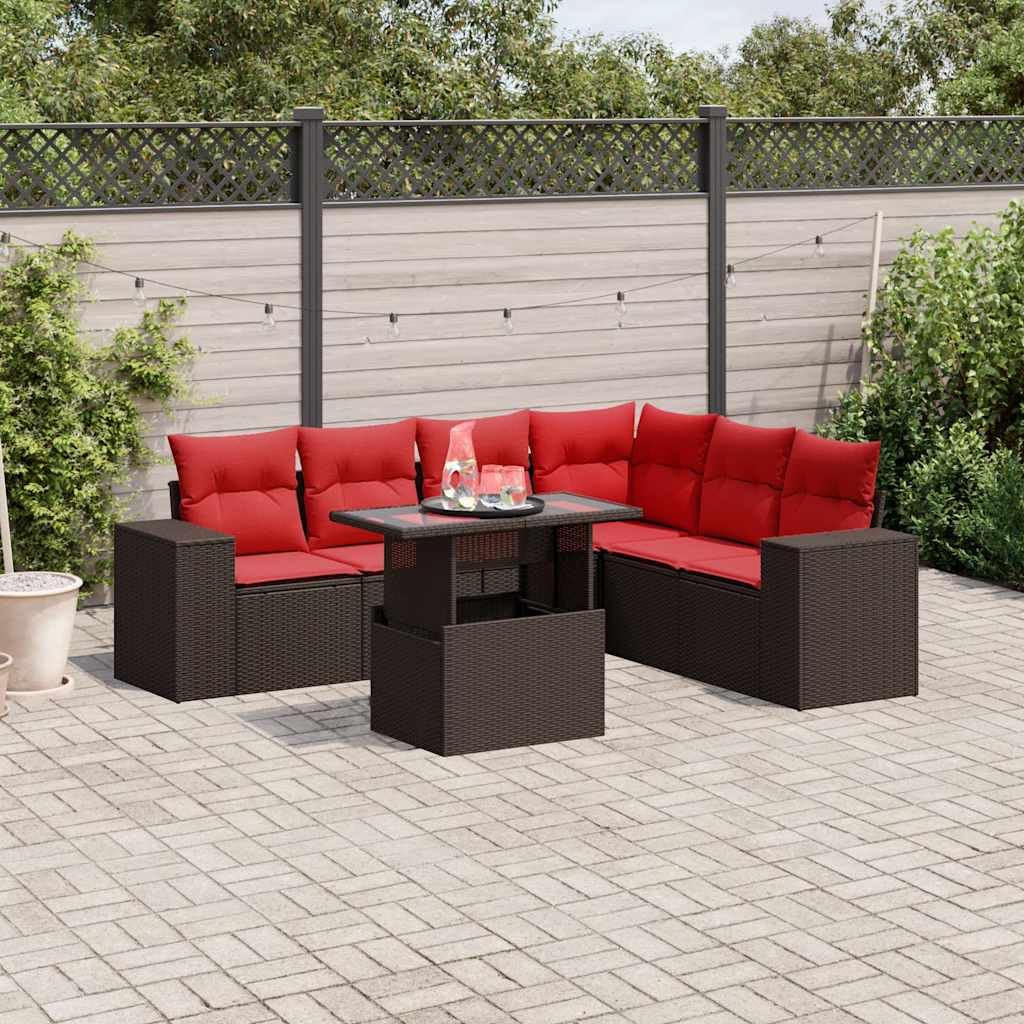 Set Divani da Giardino 7 pz in Polyrattan Marrone con Cuscini per Esterno, Lounge Modulare per Patio, Terrazza e Balcone con Tavolino Regolabile, Resistente agli Agentni Atmosferici