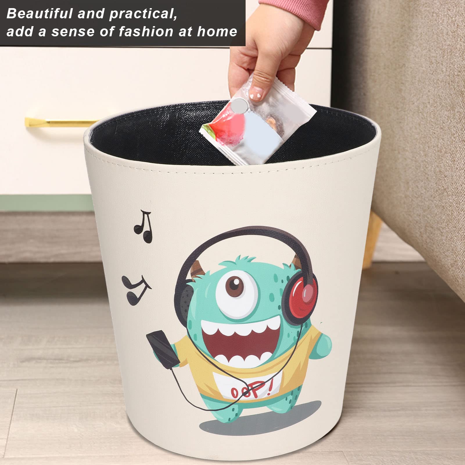 Papelera de dibujos animados, gran capacidad, cubo de basura lindo, monstruo verde, base antideslizante, bonita papelera de piel sintética impermeable para habitación infantil