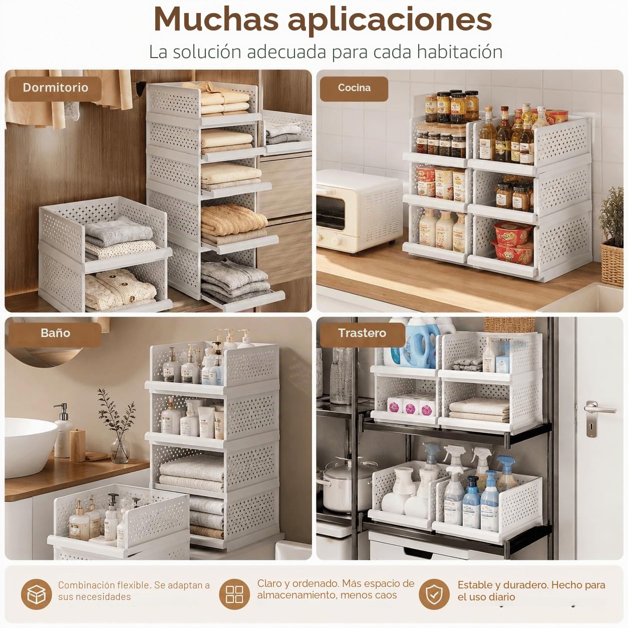 RMAN® Organizador Armario Plegable, 4 Unidades, Blanco | Almacenaje Ropa, Cajones Apilables de Plástico, Sistema Extraíble de Guías Deslizantes Independientes, Para Dormitorio, Baño