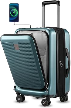 Carry on Luggage 22x14x9 Airline Approved, LTB PC Hard Shell Suitcase with Front Pocket, Expandable Luggage with USB Port FX-Lite, Teal, 20 Inch, 37L-42L