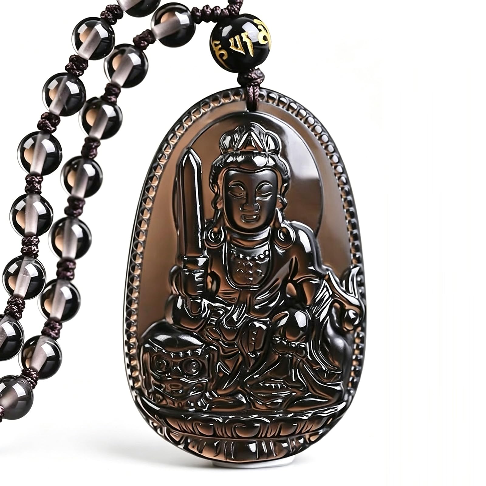 Phhxkkuo Black Obsidian Chinese Zodiac Guardian Buddha Pendant Necklace - Akasagarbha Samantabhadra Manjusri Bodhisattva Jewelry for Men Women Ben Ming Nian Gift,F,52 * 35 * 12mm