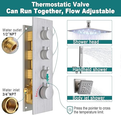 Miniatura 3 de HOMEDEC Sistema de cabezal de ducha LED de lujo de 16 pulgadas con rociador corporal de latón conjunto combinado de níquel cepillado, flujo grande,
