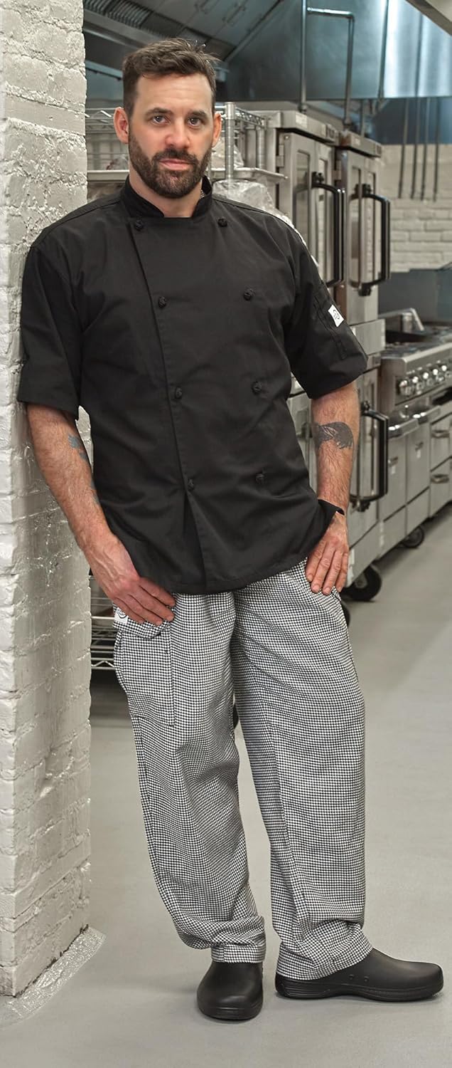 Mercer Culinary M61022BKXS Genesis Men's Short Sleeve Chef Jacket with Cloth Knot Buttons, X-Small, Black - Image 7