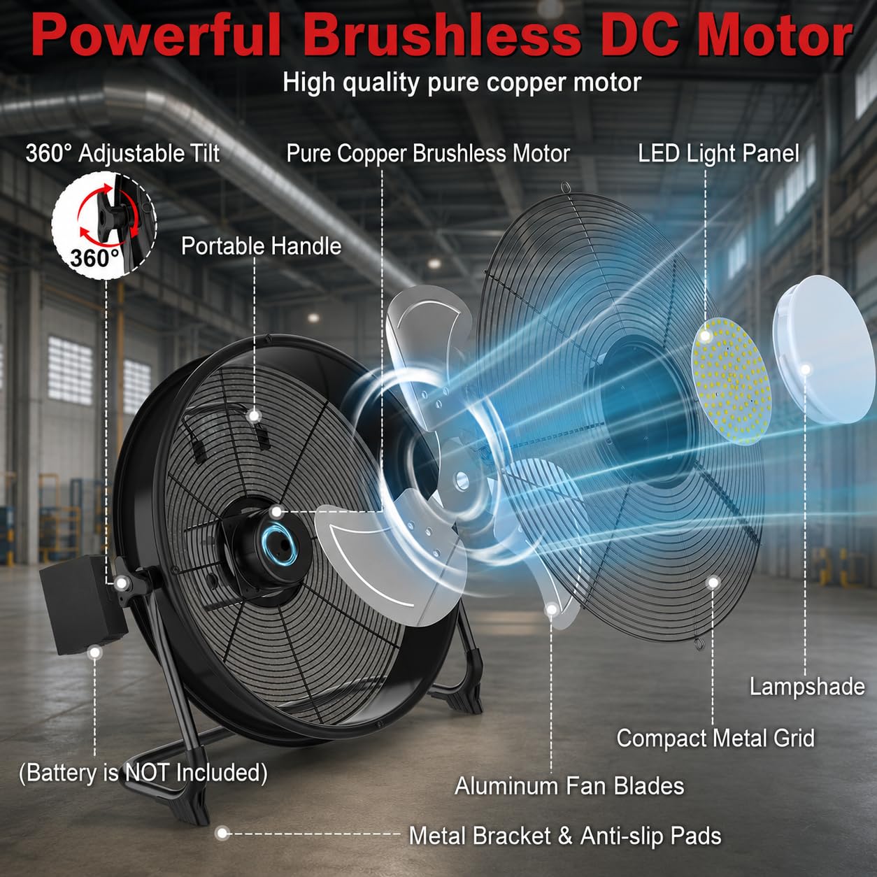 Ventilador de suelo con batería de 16 pulgadas con luz compatible con batería Milwaukee M18 de 18 V, ventilador portátil con adaptador de CA y salida USB, ventilador inalámbrico de alta velocidad de