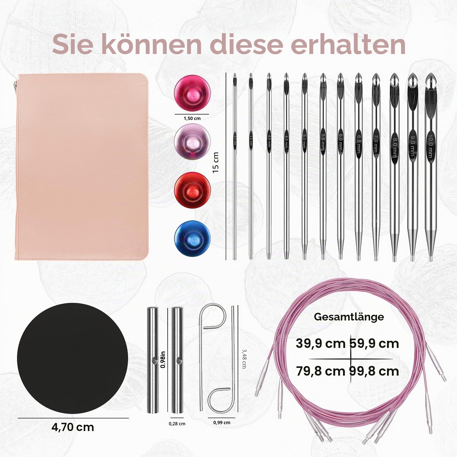 Tunesische Häkelnadeln Set mit Seil, Häkelnadeln Set Ergonomisch Metall Aluminium Tunesisch Häkeln Set, Afghanische Häkelnadel, Komplettset (3,0-10,0 mm mm) mit Zubehör
