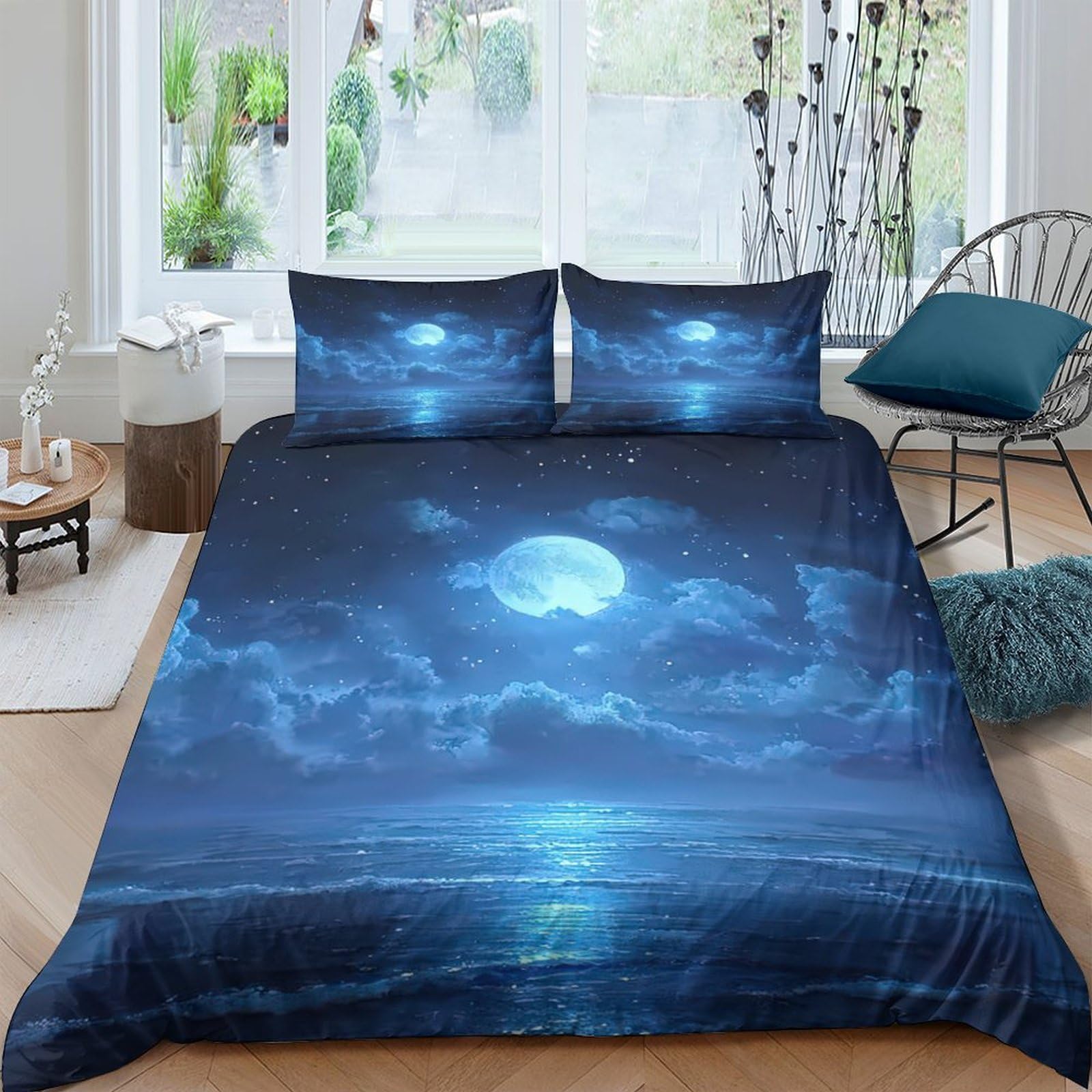 Ctjqhvkz Style-2 3D Printed Moonlight Ocean Fitted Sheet Microfiber Blue Bed Cover For Bedroom Dorm Mattress Protection Decor Single（135X200cm）