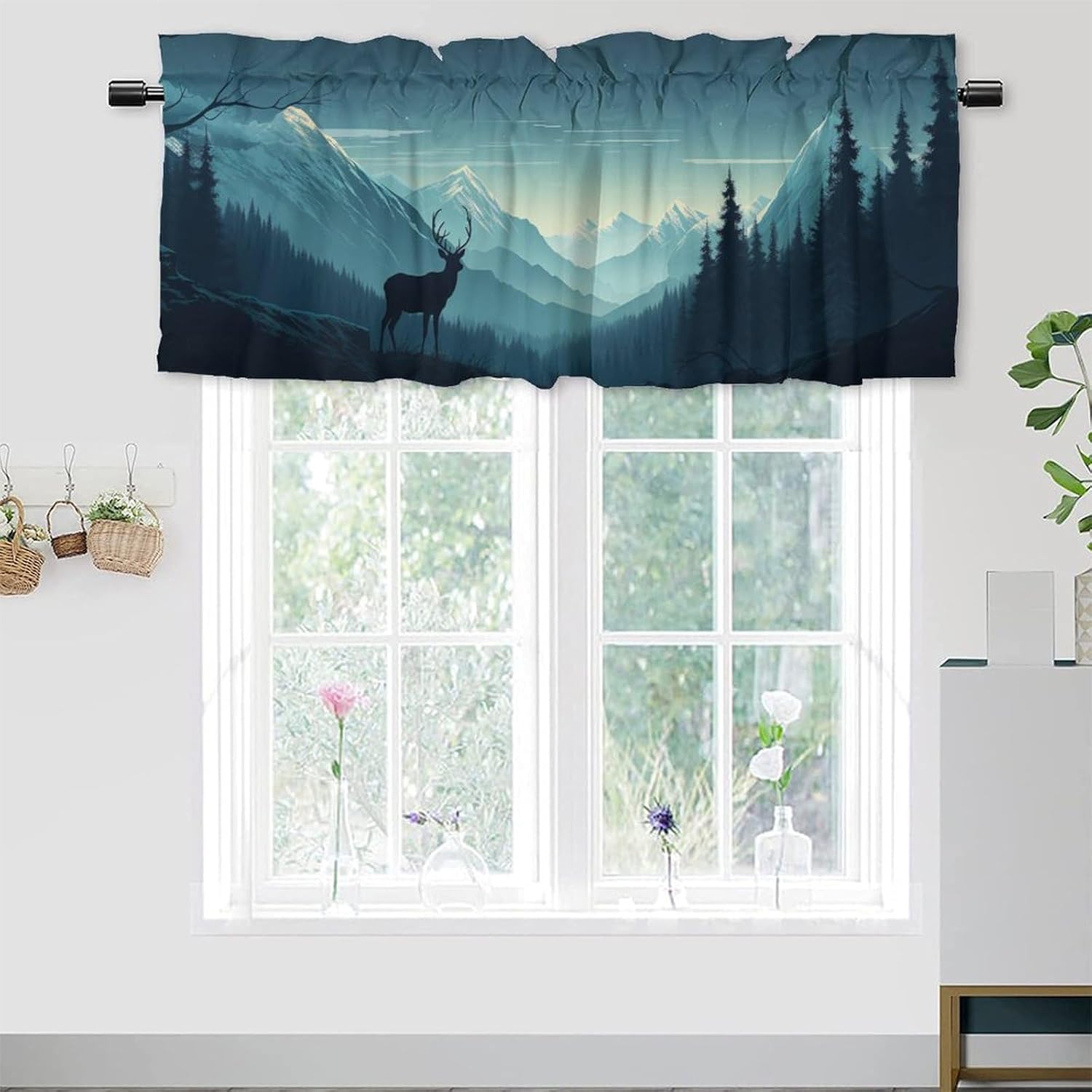 Deer Kitchen Valance Curtains Misty Forest Rustic Wildlife Moose Mountain Rod Pocket Valances for Bedroom Living Room Dining Room 54 by 18 in, 2 Panel