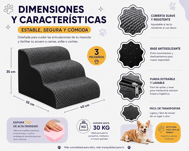 Foto 4 de 7 de Escalera para Perros y Gatos de 3 Peldaños, Antideslizante para Sofá y Cama, Escaleras para Mascotas Pequeñas
