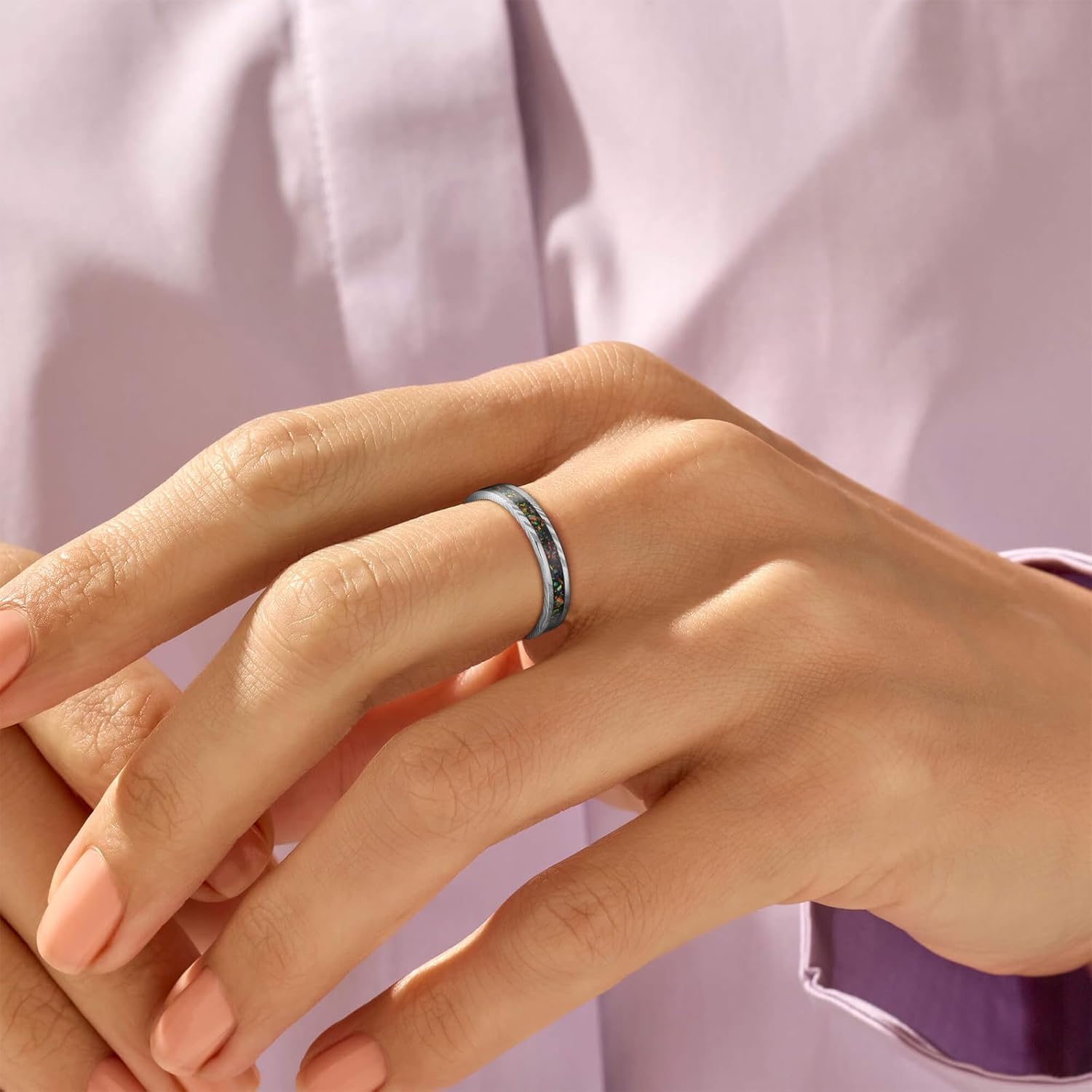 NUNCAD Damascus Steel Ring for Men Blue Grooved/Crushed Opal Inlay 4mm 8mm Wedding Band Comfort Fit Size 6-12