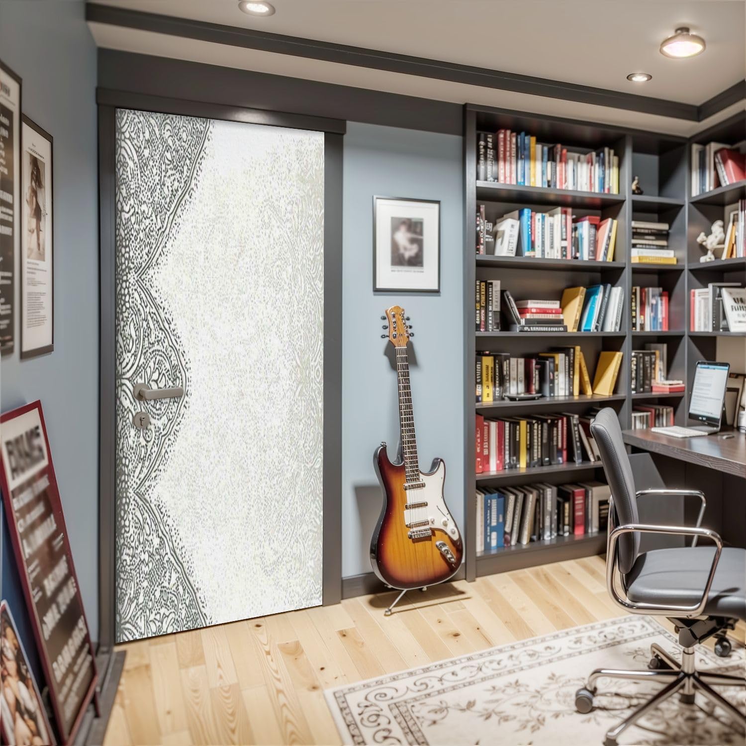 Acoustic Soundproof Door Panels, hand drawn silver backdrop Sound Absorbing Door Wallpaper Mural for Bedroom Recording Studio Acoustical Treatments 30x80 IN