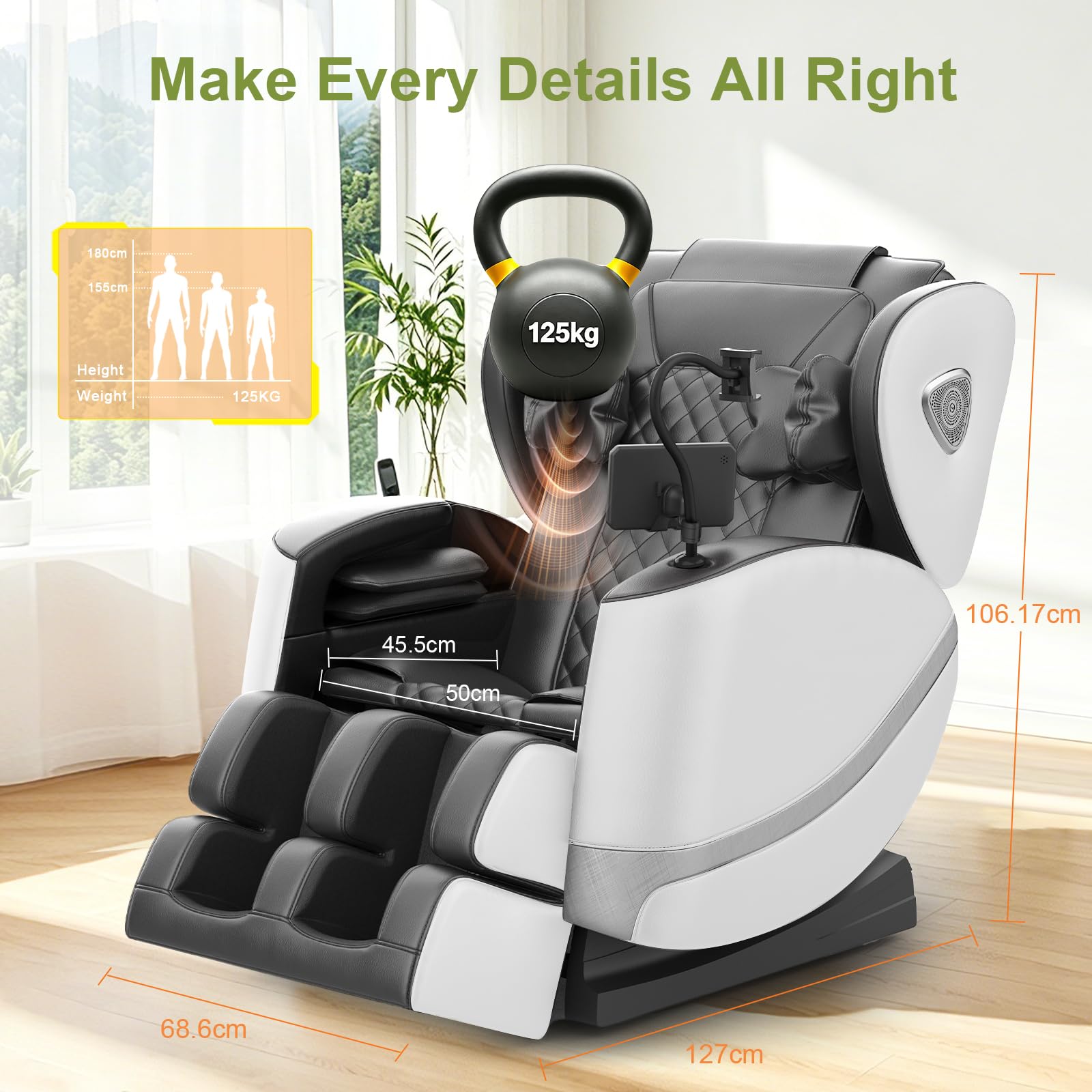 F FURNIMAT Massagesessel, Ganzkörper-Massagestuhl mit 14 Rollen, 8 Komfort-Luftkissen & Zero Gravity– Bluetooth Lautsprecher, Touchscreen, Handyhülter, Wärme für Lenden und Beine