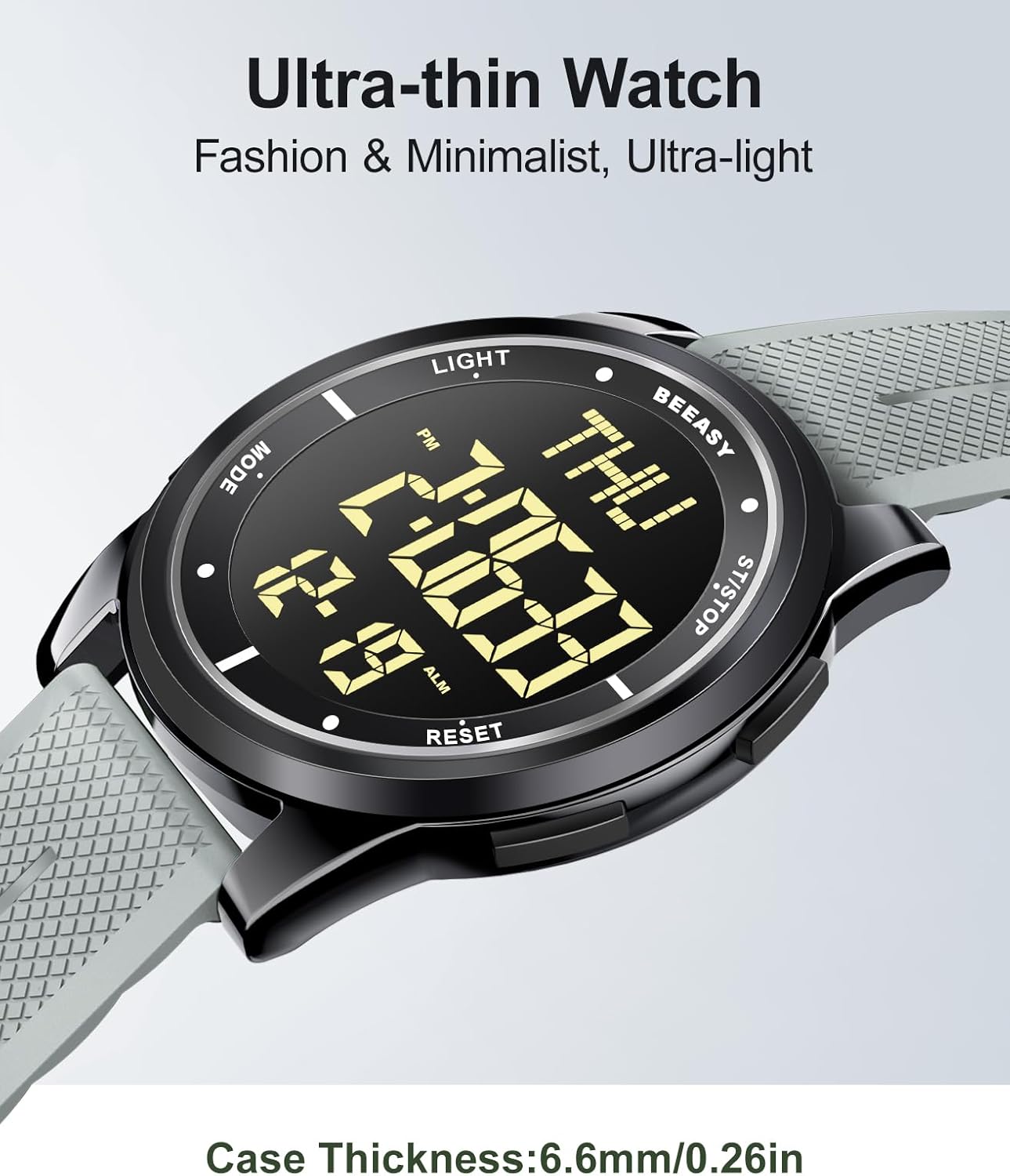 Beeasy Digital Watch for Men Women, 50M Waterproof, Ultra-Thin & Lightweight, 44mm Silicone Sports Watch with Alarm, Stopwatch, Countdown, Ideal for Gym, Running, School, Daily Wear