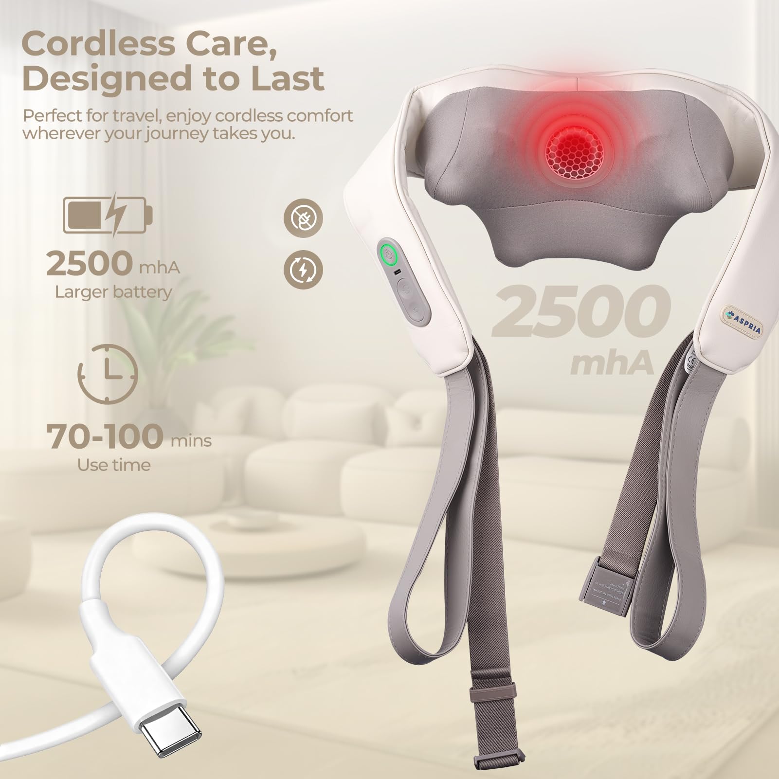 Appareil de Massage Cervicales et Dos 5D Shiatsu Sans Fil, Masseur Cou et Épaules avec Chaleur, 3 Modes, Mains Libres, Cuir PU, Recharge Type-C, Cadeau Bien-Être Homme Femme