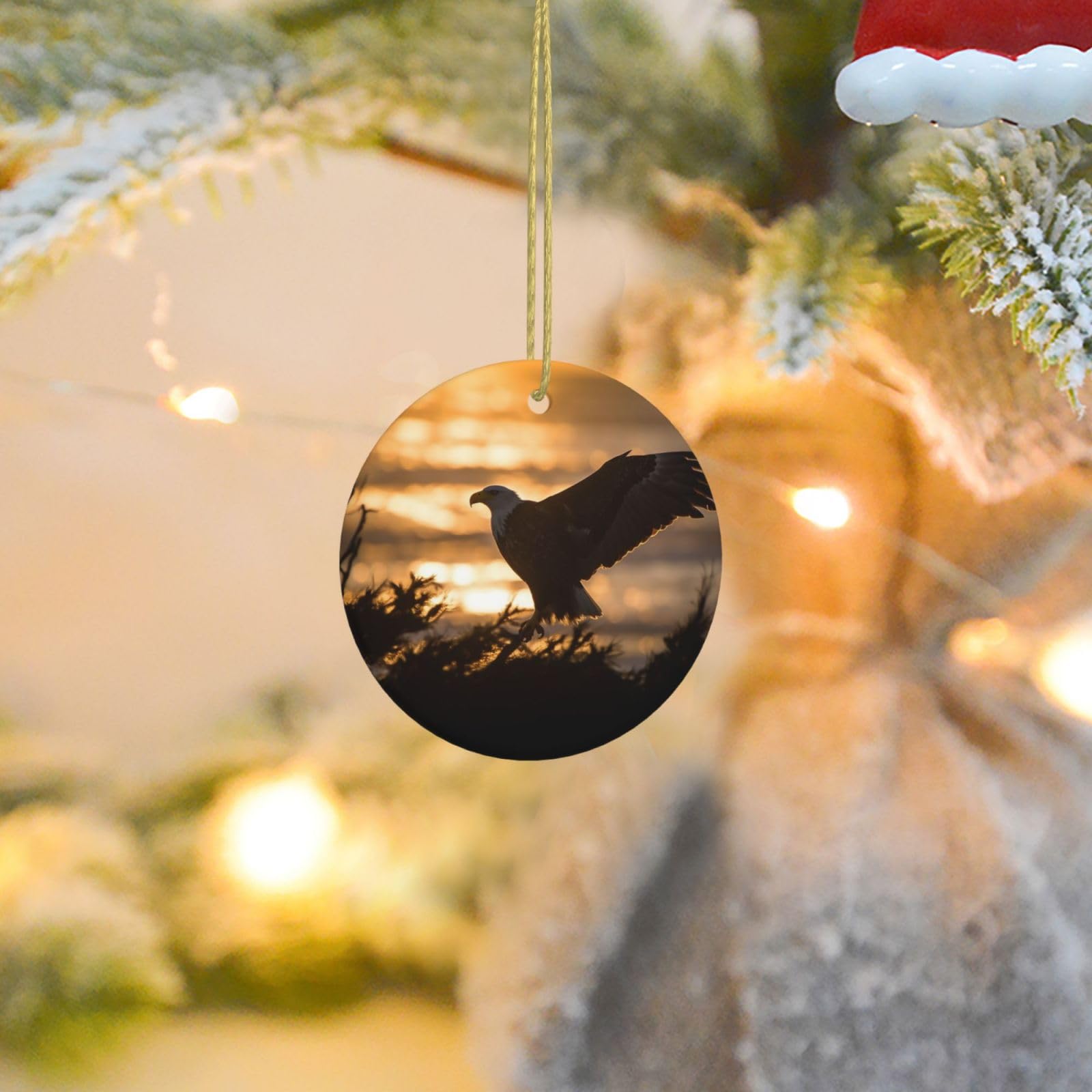 Christmas Ornaments for Christmas Tree Decoration Ceramic Hanging Backlit Eagle Ornament with Gold Ribbon Crafts Round Pendant for Keepsake Gifts Glass Xmas Decor Party Supplies