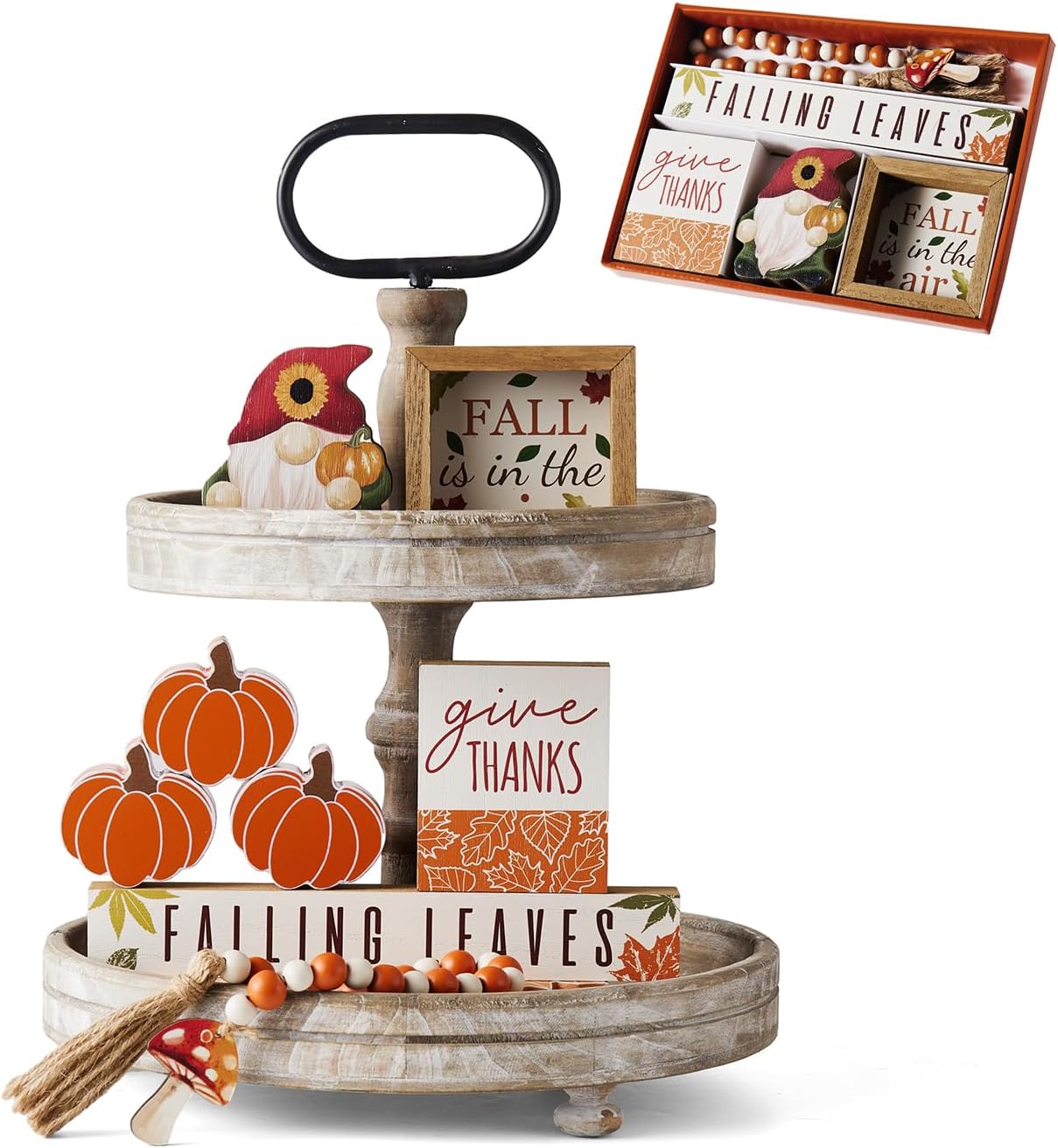 Heart Carpenter Fall Decorations for Home - Gnomes & Bead Garland and Wood Sign - Farmhouse Rustic Tiered Tray Decor Set for Autumn Thanksgiving Harvest Decoration