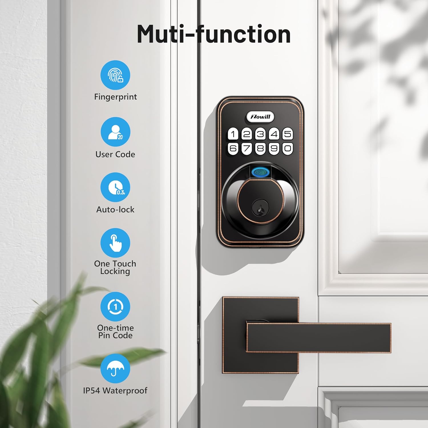 Icons representing multi-function features: Fingerprint, User Code, Auto-lock, One Touch Locking, One-time Pin Code, IP54 Waterproof.