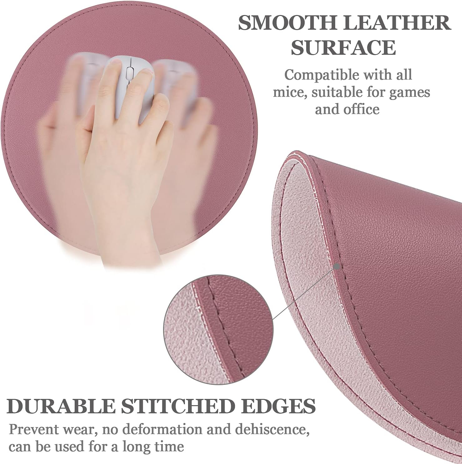 Oterri Round Mouse Pad,Non-Slip Mouse Mat with Premium Stitched Edge,Waterproof Thickened PVC Leather Mouse Pad for Office Work/Home/Decor-8.66"(Dark Pink,1 Pack)