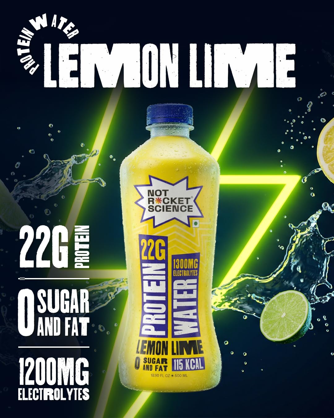 Not Rocket Science Protein Water - Lemon Lime | 22g Clear Whey Protein Isolate | 1300mg Electrolytes | 5g BCAAs | Zero Sugar | High Protein Drink | 500ml Pack of 3 2