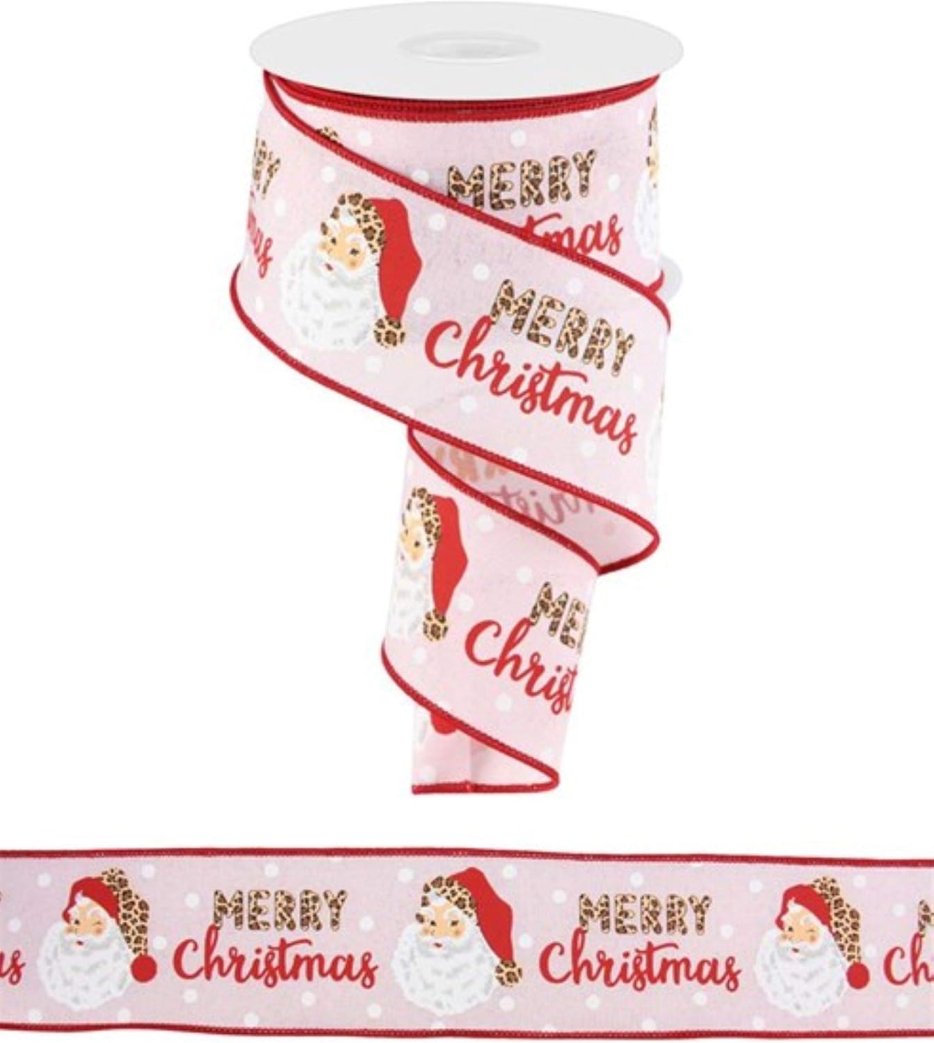 Craig Bachman 2.5 Leopard Santa Ribbon: Powder Pink (10 Yards) - Leopard Cheetah Santa Claus Christmas Wired Edge Ribbon