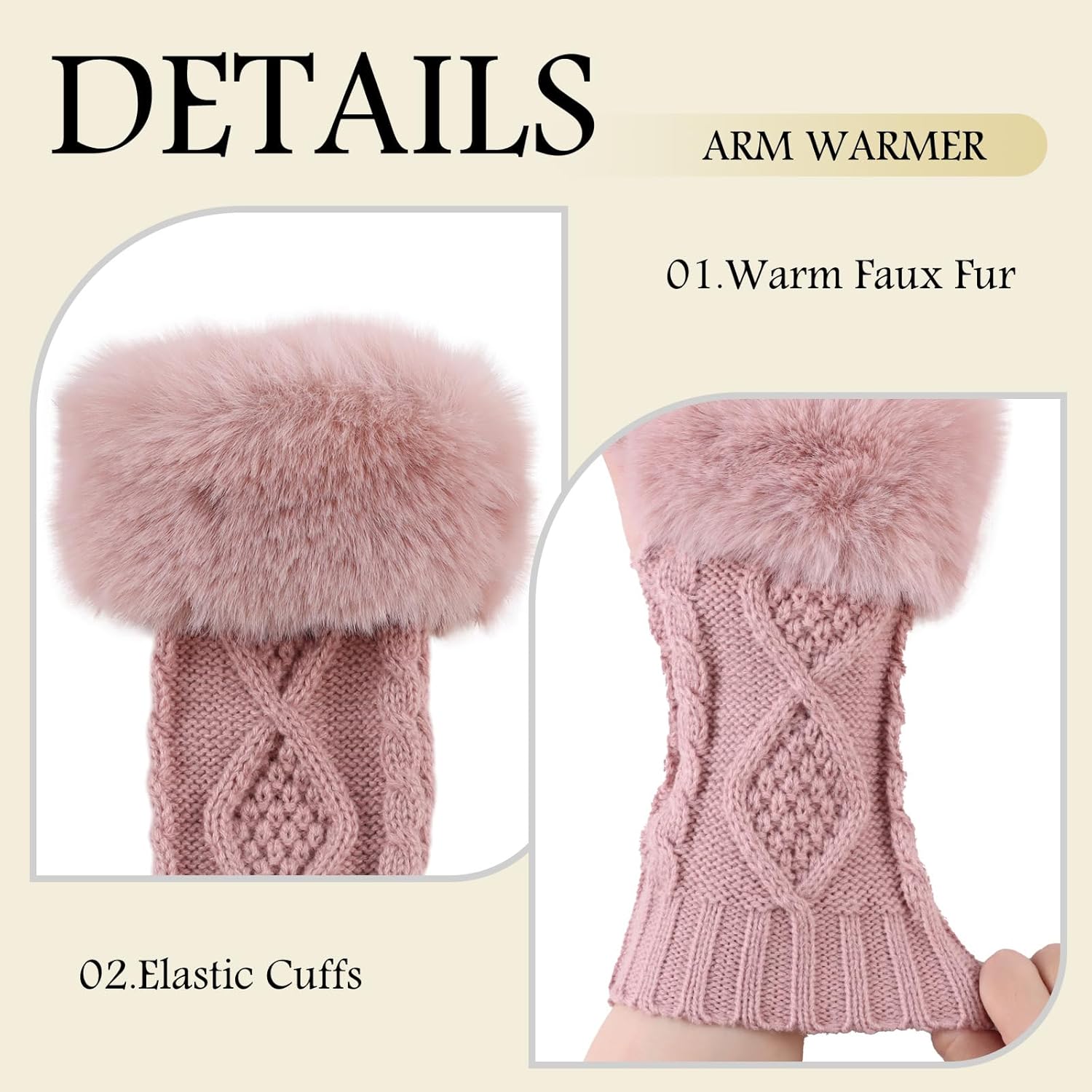 PESAAT Knit Arm Warmers Faux Fur Fingerless Gloves for Women Winter Wrist Warmers with Thumb Hole - Image 2