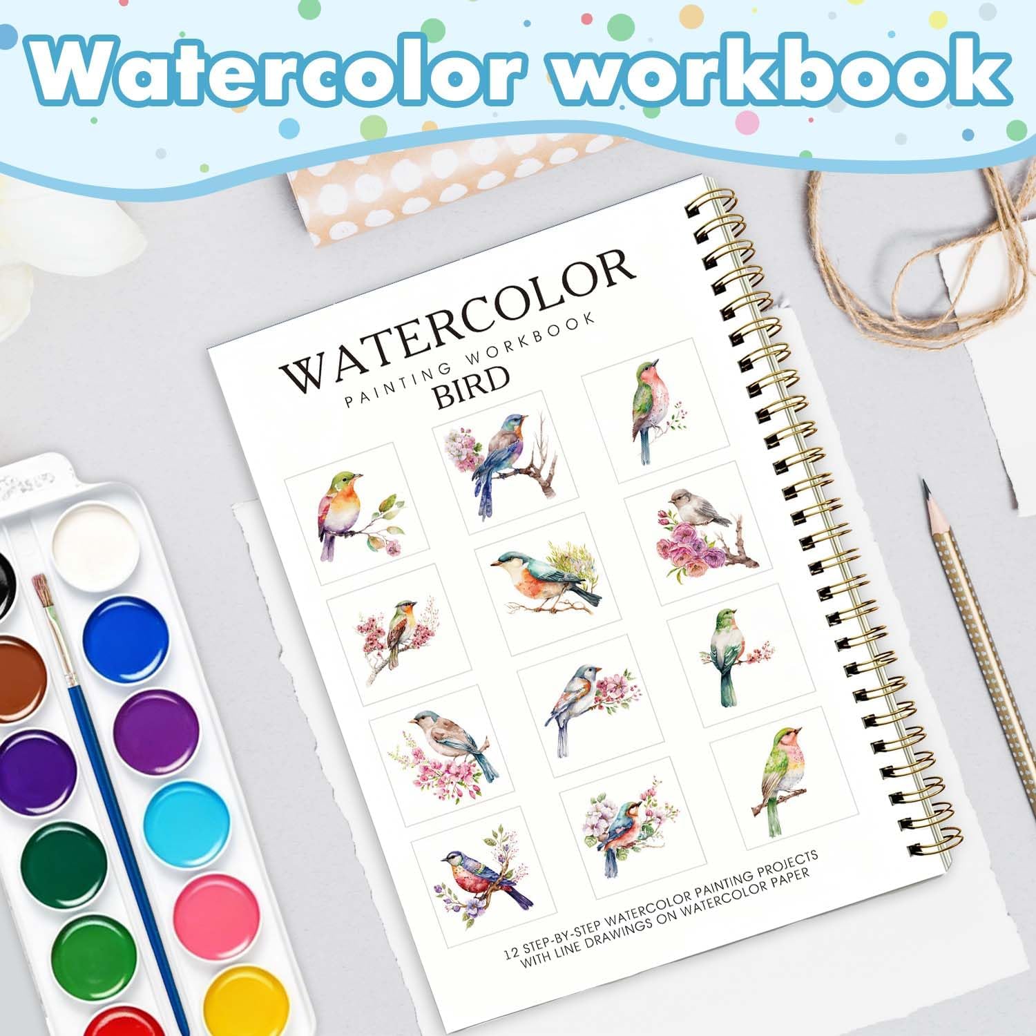 Bird Pattern Watercolor Workbook,Water Coloring Book with Animal Theme Designs on Premium Paper,12 Beginner Friendly Sketched Illustrations,Perfect for Gifting to Spark Creativity & Joy for Adults