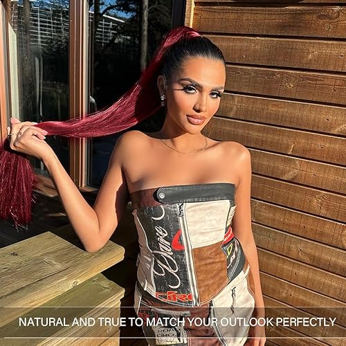 Miniatura 3 de Extensión de cola de caballo larga y recta, cola de caballo con clip, 32 pulgadas, resistente al calor, sintético, cola de caballo color borgoña,