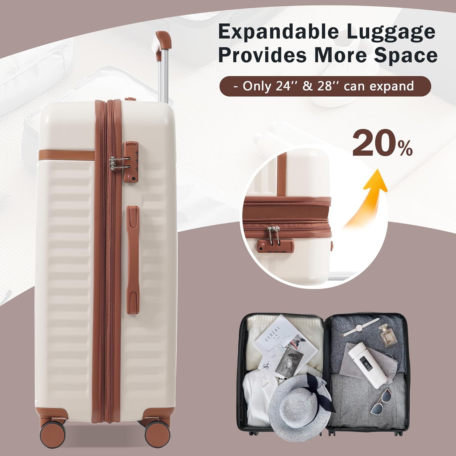 Merax Luggage Sets 2 Piece Front Opening, Hardside Lightweight Carry on Suitcase with USB Port,Durable Expandable Luggage with Bags Spinner Wheels and TSA Lock,White and Brown