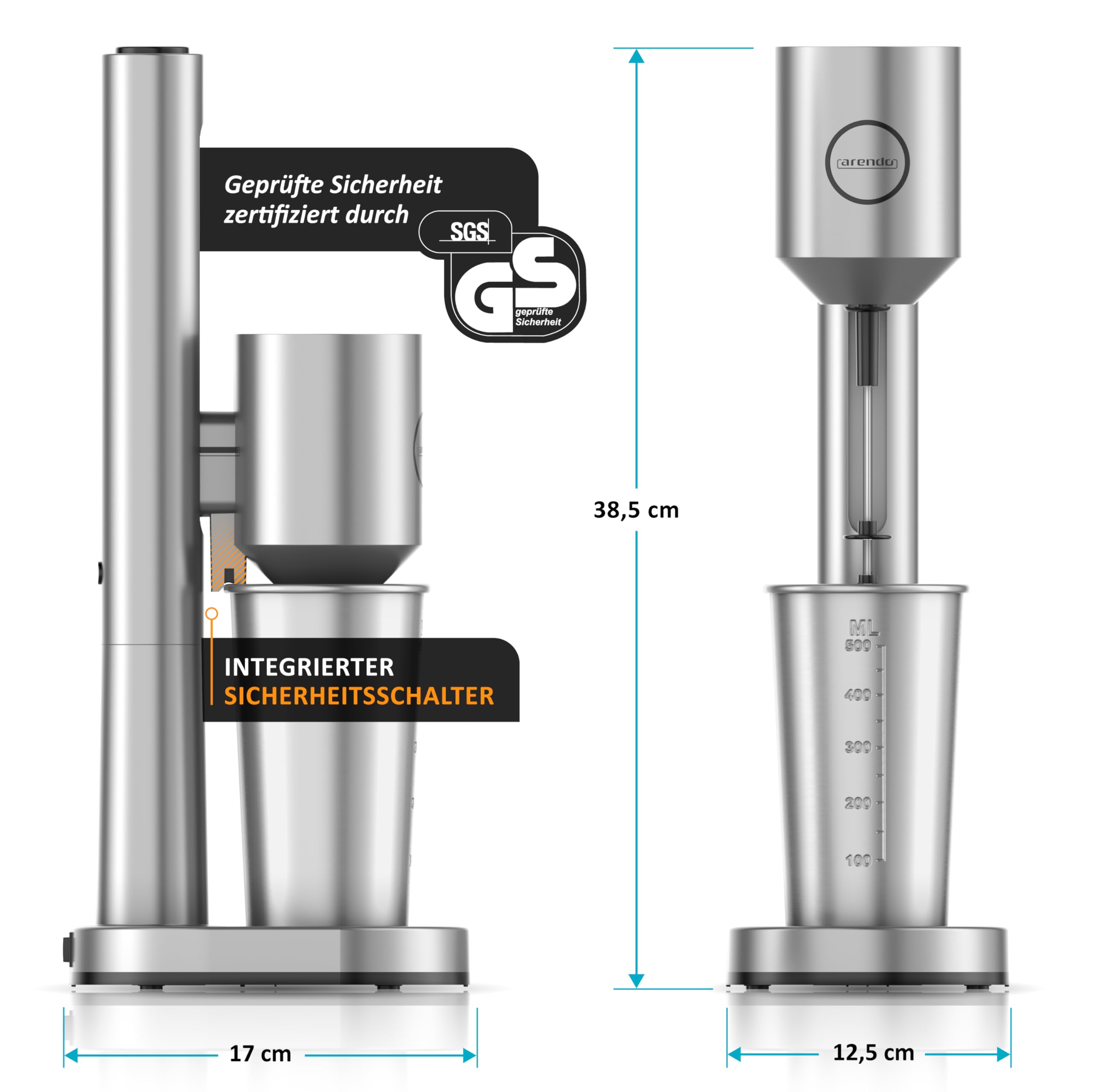 Arendo - Drink Mixer - Eiweiß Shaker - Getränkemixer - elektrischer Standmixer - 500 ml Becher - 22.000 U min - 2 Geschwindigkeitsstufen - Fitness Protein Drinks Smoothies Milchshakes Cocktails