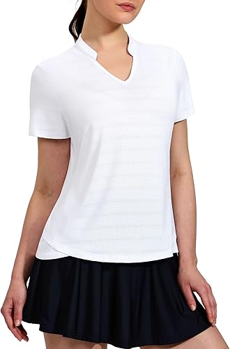 MIER Camisetas polo de golf para mujer, sin cuello, manga corta, para tenis, correr, cuello en V, camiseta de verano refrescante