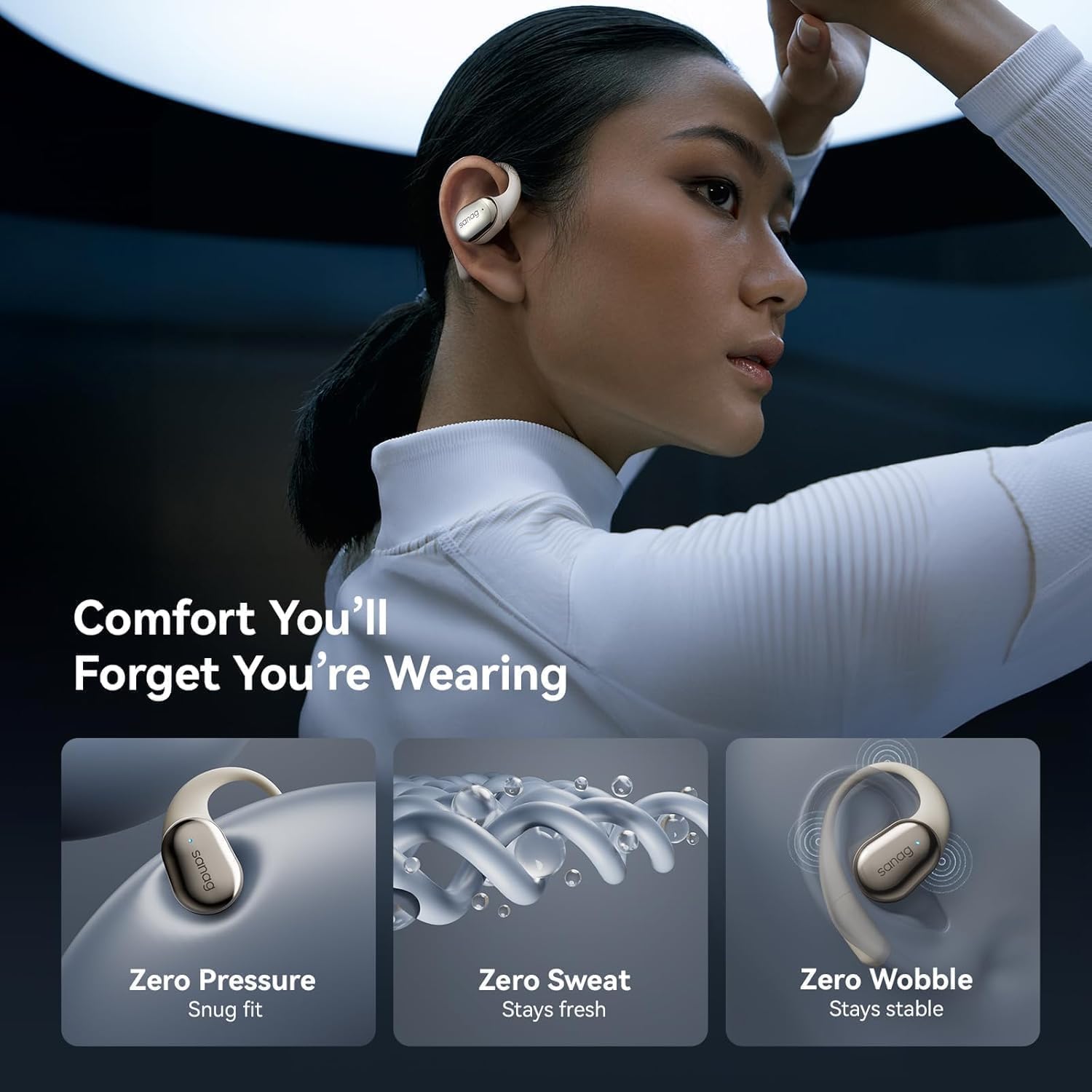 Sanag Open-Ear Wireless Earbuds Bluetooth 5.4 with Secure Earhooks - 56H Playtime, HiFi Deep Bass, Clear Calls, IPX4 Waterproof, Sports Running Workout Earphones with APP Control, Black (C16S-Beige)