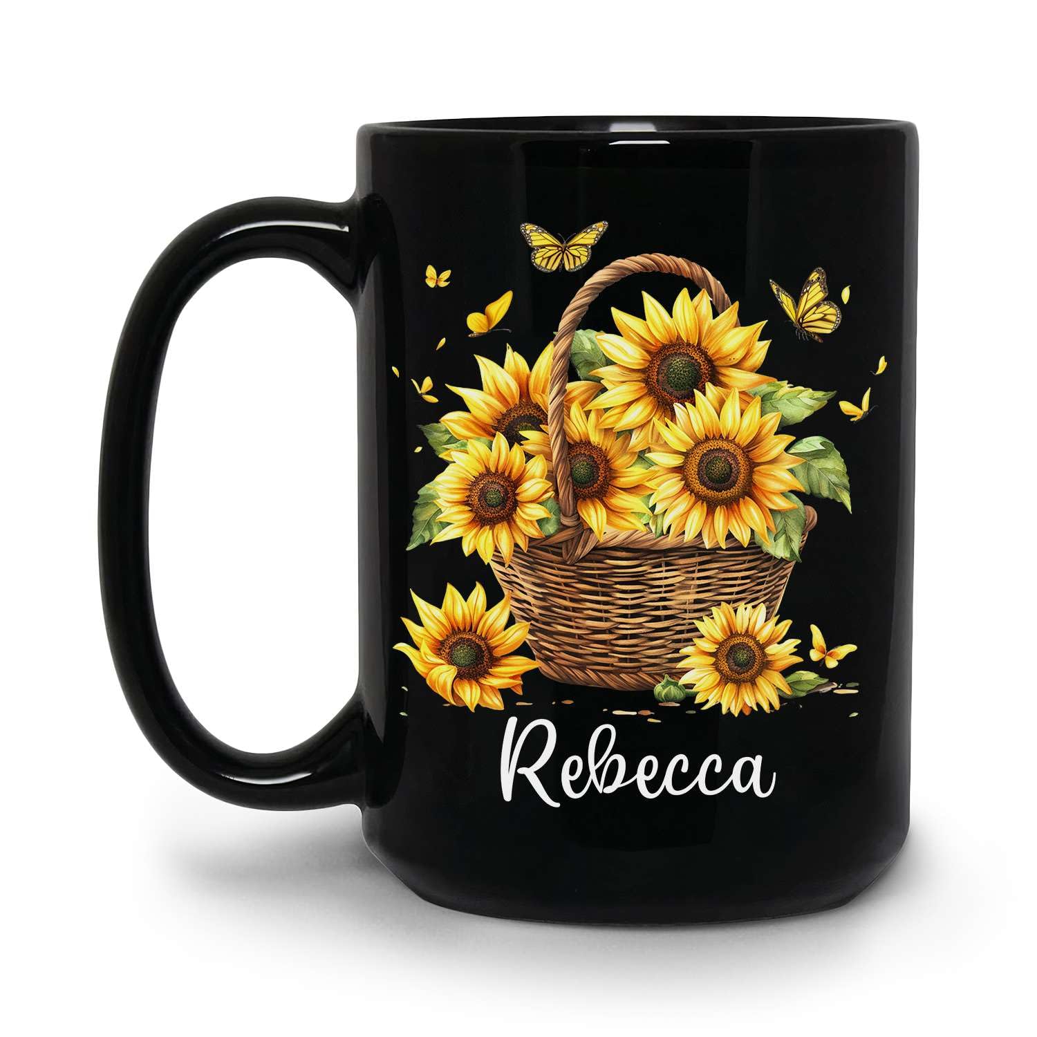 Personalized Unique Sunflower Basket On Porcelain Mugs, Customized Sunflower Lover Coffee Cup On Graduation Day, Flower Themed Black Tea Mugs Gifts