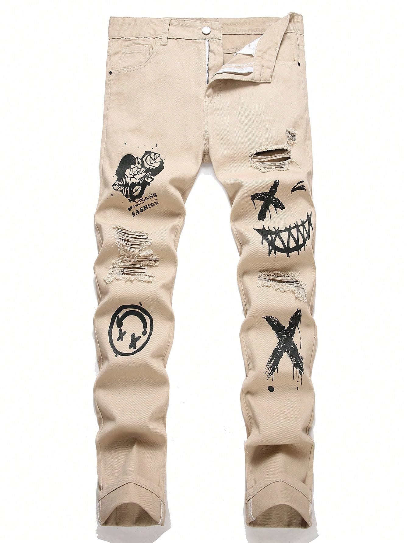 Mens Black Distressed Jeans with Graphic Print Ripped Denim Pants Skull and Rose Design Streetwear Style