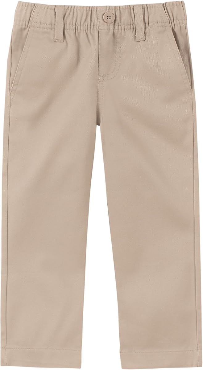 Nautica Pantalones de sarga de color caqui para uniforme escolar para niños, parte delantera plana y cintura elástica, cierre de cremallera con botón sintético