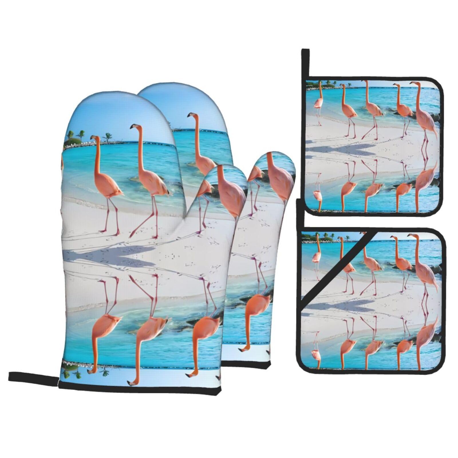 HJFCZH Beach Flamingos Prints Kitchen Throw Set: Durable Oven Layers with Waterproof Polyester – 4 Piece Heat Protection System