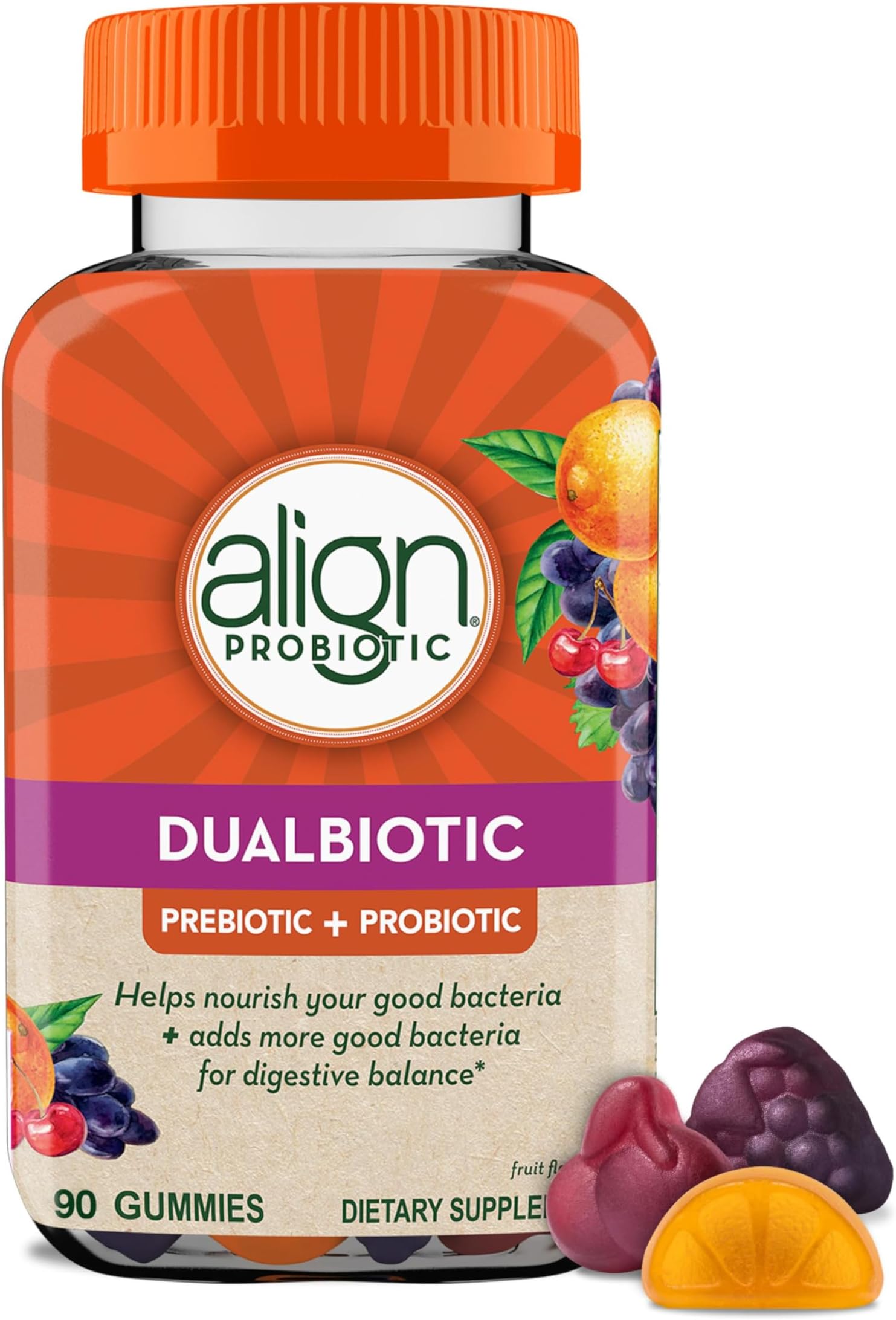 Align DualBiotic, Prebiotic + Probiotic for Women and Men, Help Nourish and Add Good Bacteria for Digestive Support, Natural Fruit Flavors, 90 Gummies