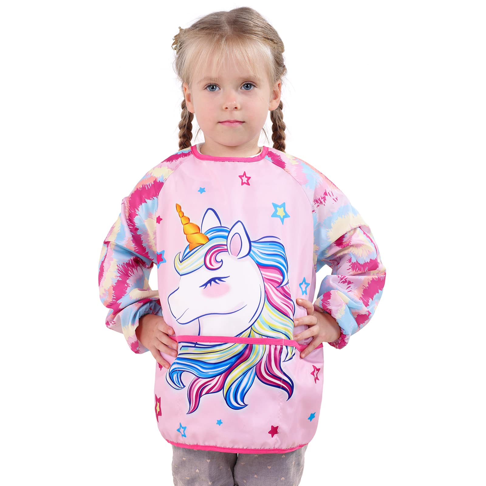 WERNNSAI Unicorn Art Smock - Kids Aprons for Girls ages 3-8 Waterproof Toddler Art Smock Painting Toddler Apron for Girls with Long Sleeve and 3 Pockets