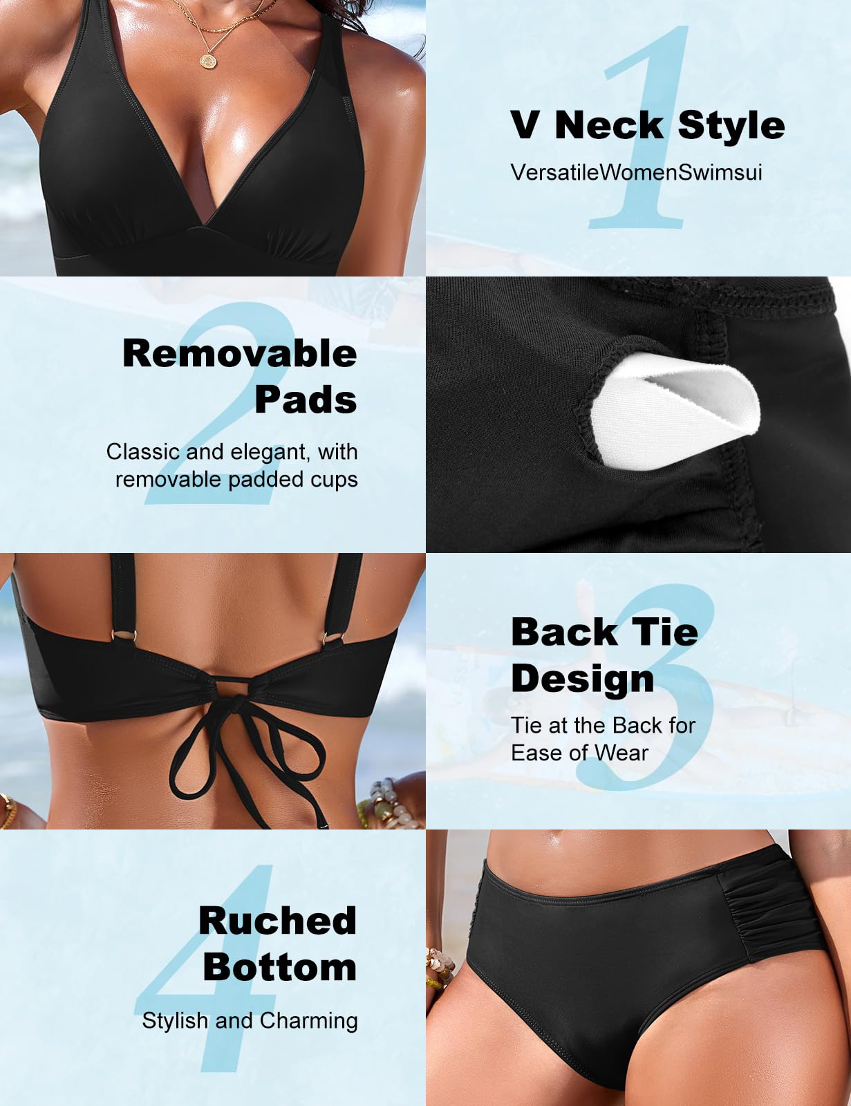 Nadeer Maillot de Bain Femme 2 Pieces Ensemble Bikini Taille Mi-Haute Ventre Plat Push Up Col en V Deux Pièces Haut Triangulaire Bretelles Larges Swimwear Élégant Swimsuit Beachwear