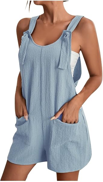 Short Rompers for Women Summer Sleeveless Jumpsuit Loose Spaghetti Strap Overalls with Pockets