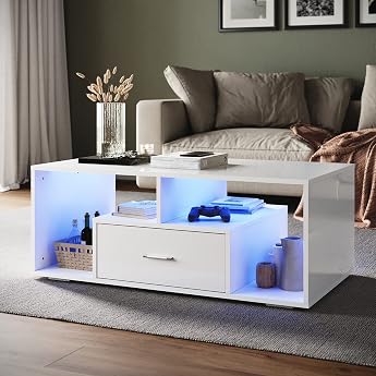 SONNI Coffee Table with Storage Compartment Drawers and LED Adjustable Lights Available in 12 Colours Sofa Table Side Table White High Gloss Front 100 W x 55 D x 40 H cm