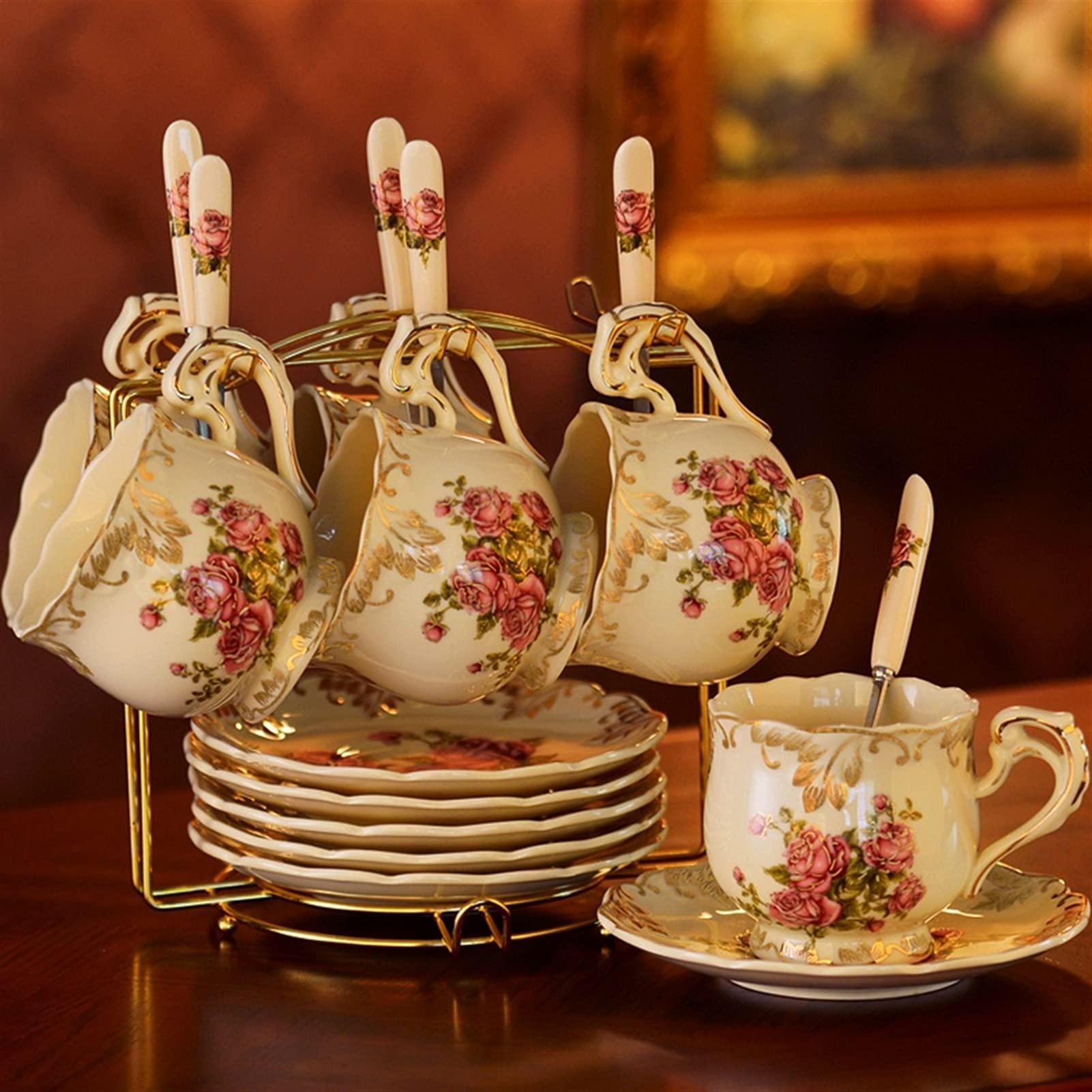 Zestawy filiżanek i spodków Europejski styl styl filiżanka kawy ceramiczna czerwona herbata filiżanka popołudniowa filiżanka herbaty kubek wakacyjny prezent Zestaw kubków (Color : C)