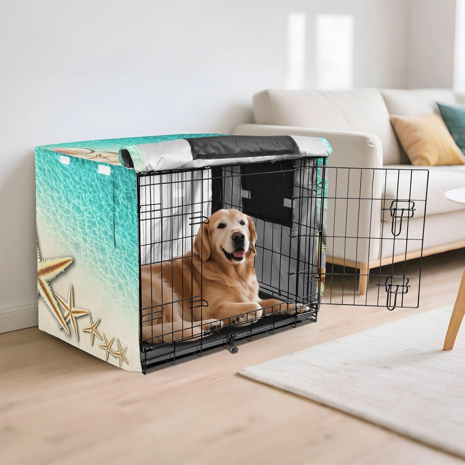 Beach Starfish Teal Dog Crate Covers Washable, S-XL Windproof Covers for Pet Crates, X-Large