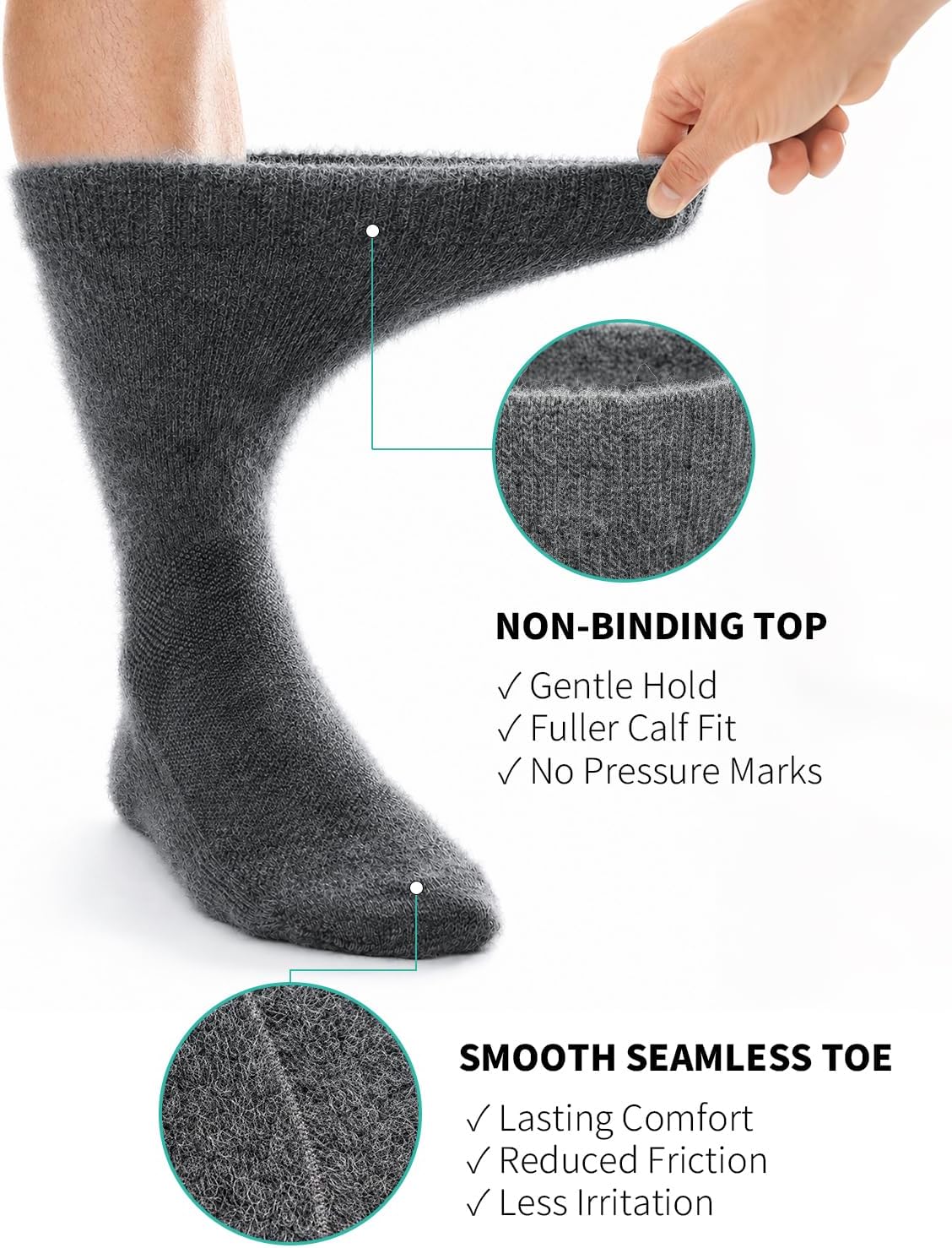 Juclise Alpaca Wool Diabetic Socks, Thick Crew, Non-Binding, 2 Pairs