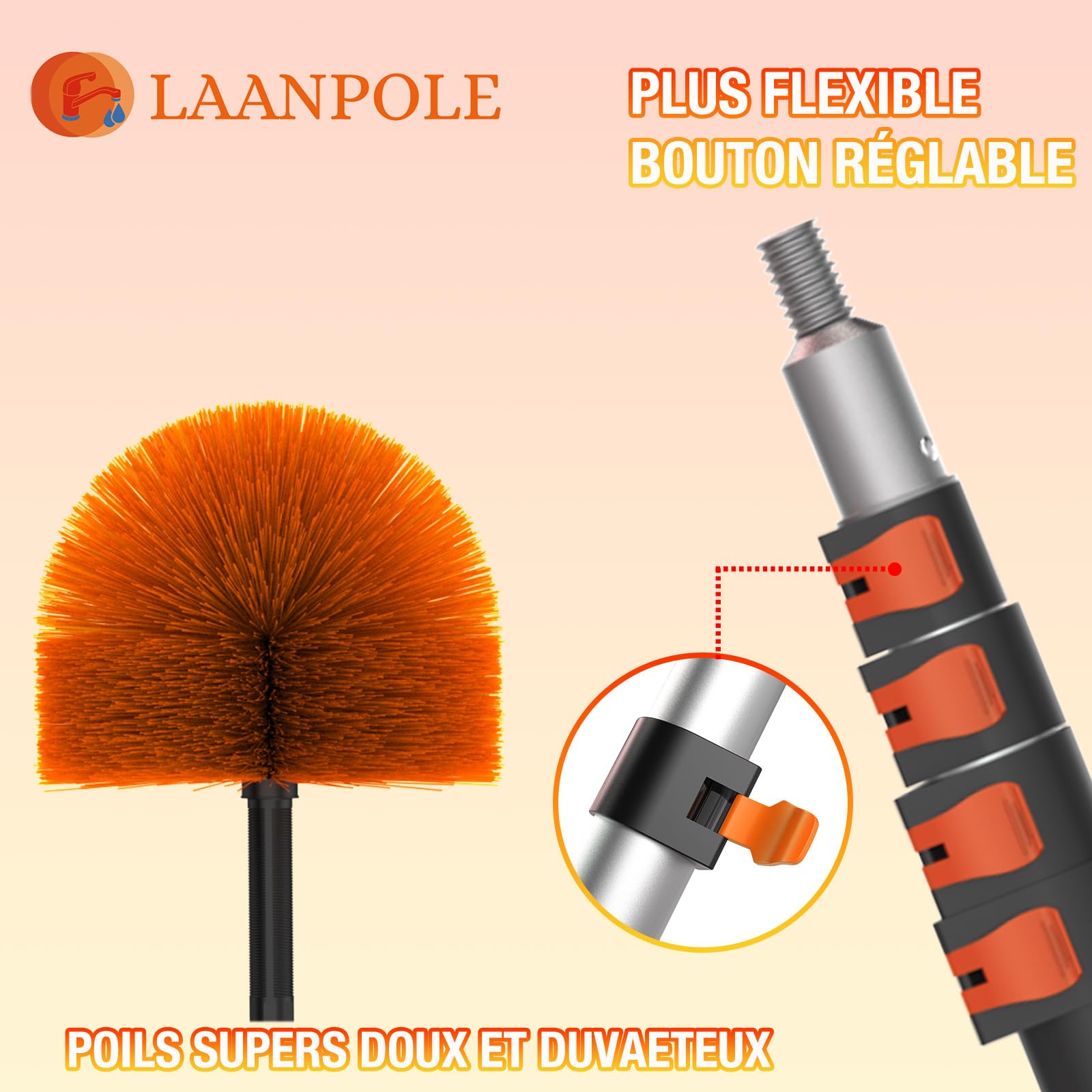 LAANPOLE Plumeau Poussiere 6m avec Perche Télescopique, Plumeau Telescopique pour Nettoyage, Tete de Loup pour Plafonds et Coins - Usage Intérieur/Extérieur
