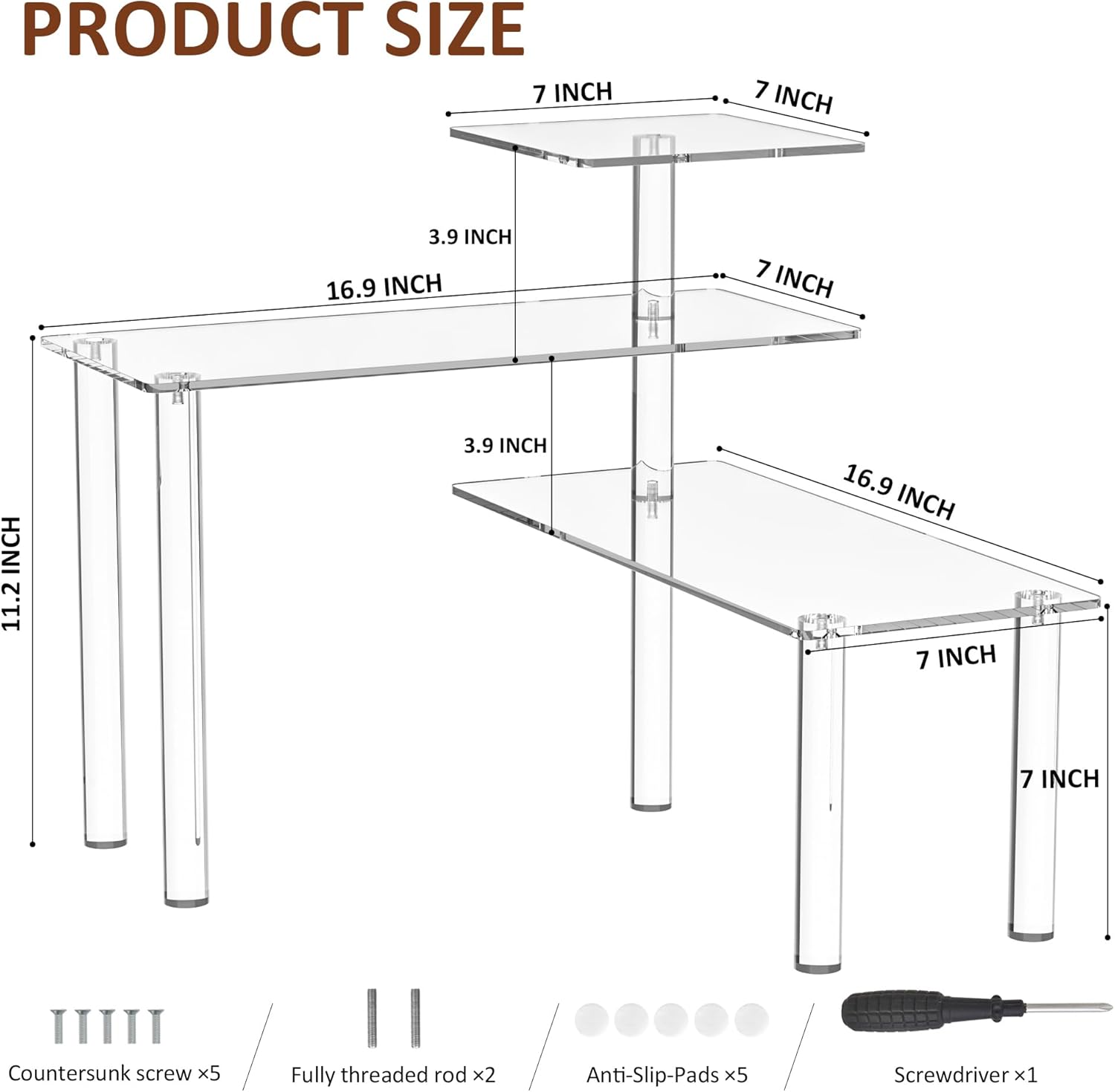 Clear Countertop Corner Organizer Shelf 16.9x16.9x15.6 inch, 3 Tier Acrylic Organizer Corner Shelf for Bathroom, Kitchen, Study Room, Spice Jars, Coffee Bar, Dresser Table, Books