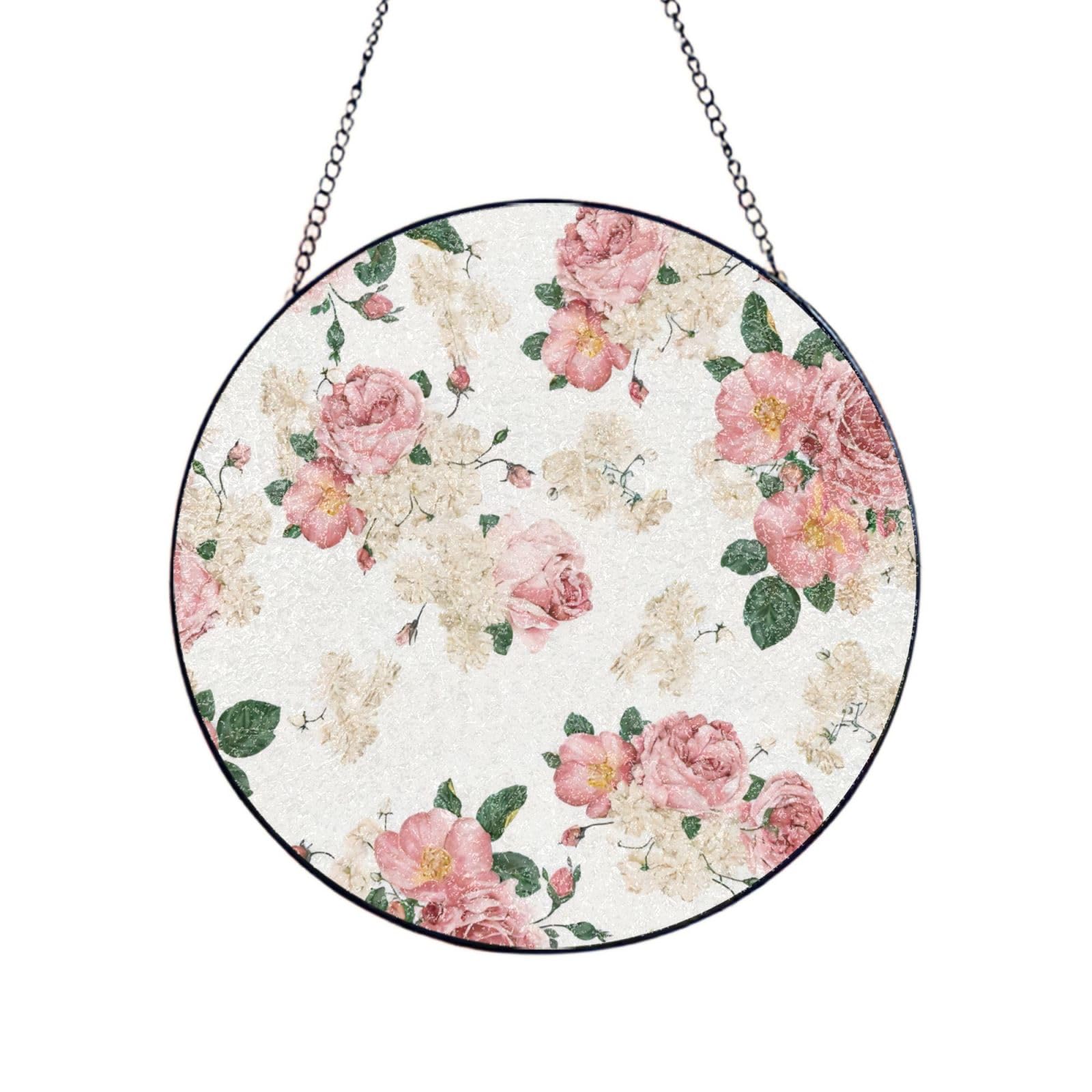 Poezjzw Stained Glass Window Hanging - Pink Rose Flower With Leaves Sun Catcher For Door Garden Home Decor Christmas Mother'S Day Birthday Gifts 8in（20cm）