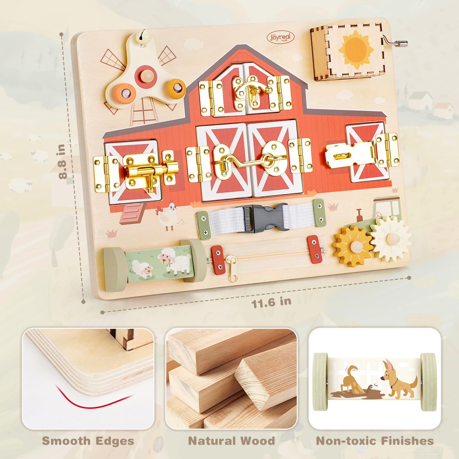 Joyreal Wooden Montessori Busy Board for 1 2 3 Year Old Toddlers, Farm Themed Sensory Toys for Kids, Fine Motor Skills Activity Board with Music Box & Latches, Learning Toys Gift for Autistic Children - 5